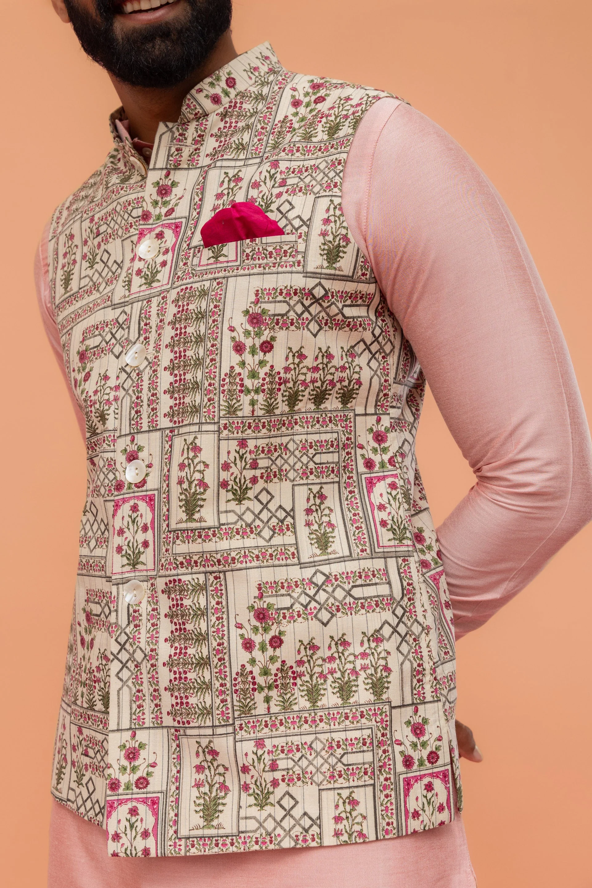 Pink Cotton Silk Kurta with White Printed Nehru Jacket Churidar - Image 14