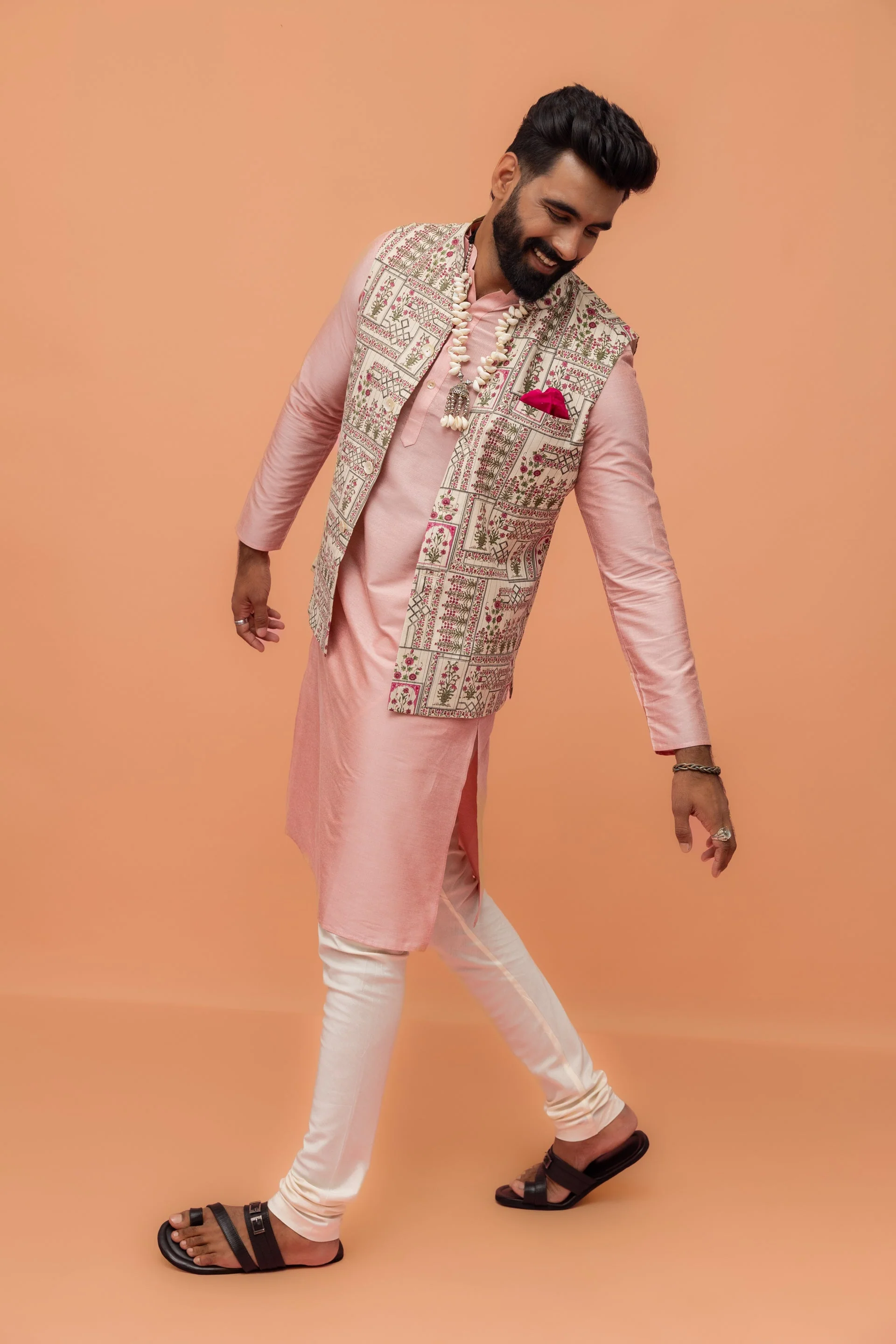 Pink Cotton Silk Kurta with White Printed Nehru Jacket Churidar - Image 18