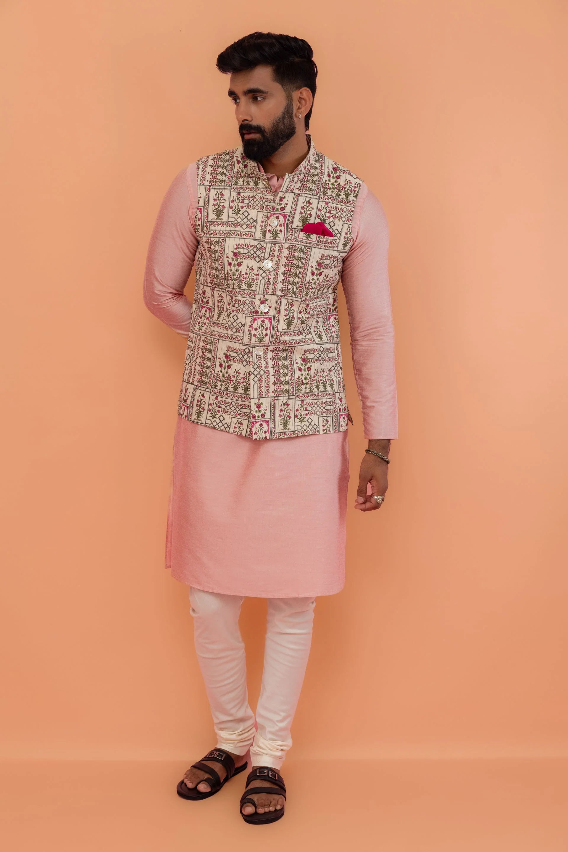 Pink Cotton Silk Kurta with White Printed Nehru Jacket Churidar - Image 24