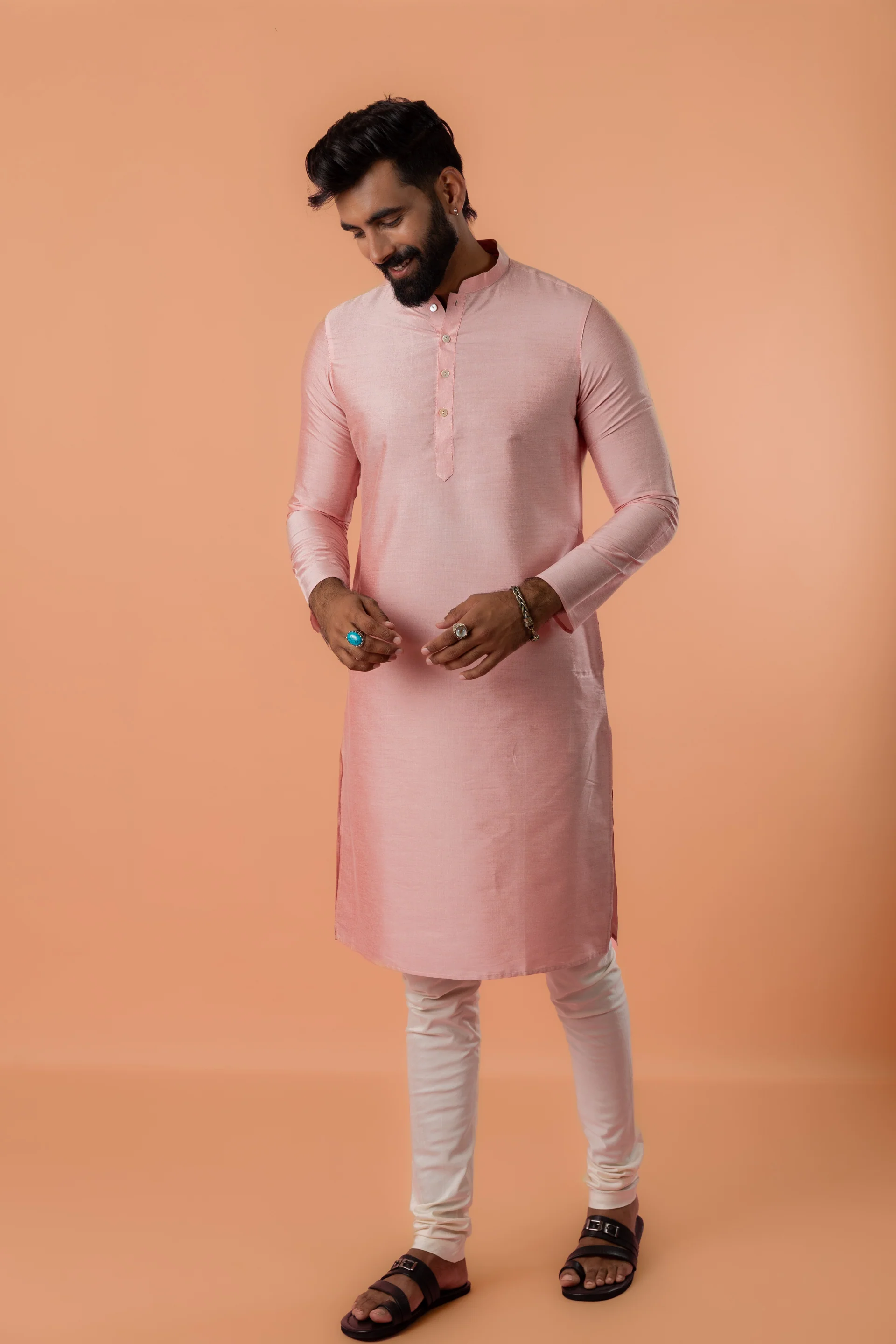 Pink Cotton Silk Kurta with White Printed Nehru Jacket Churidar - Image 4