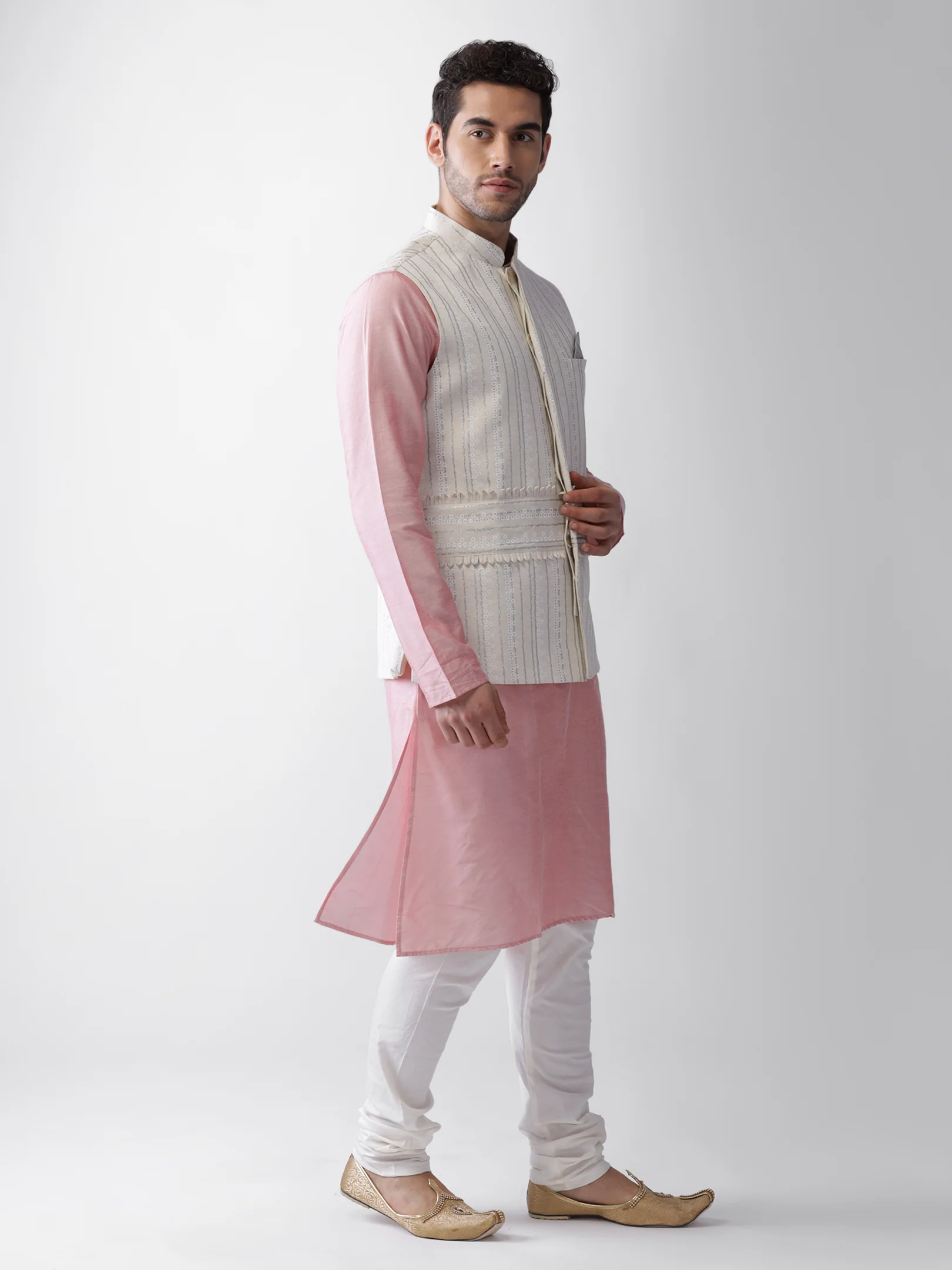White Printed Jacket Kurta Churidar Set - Image 3