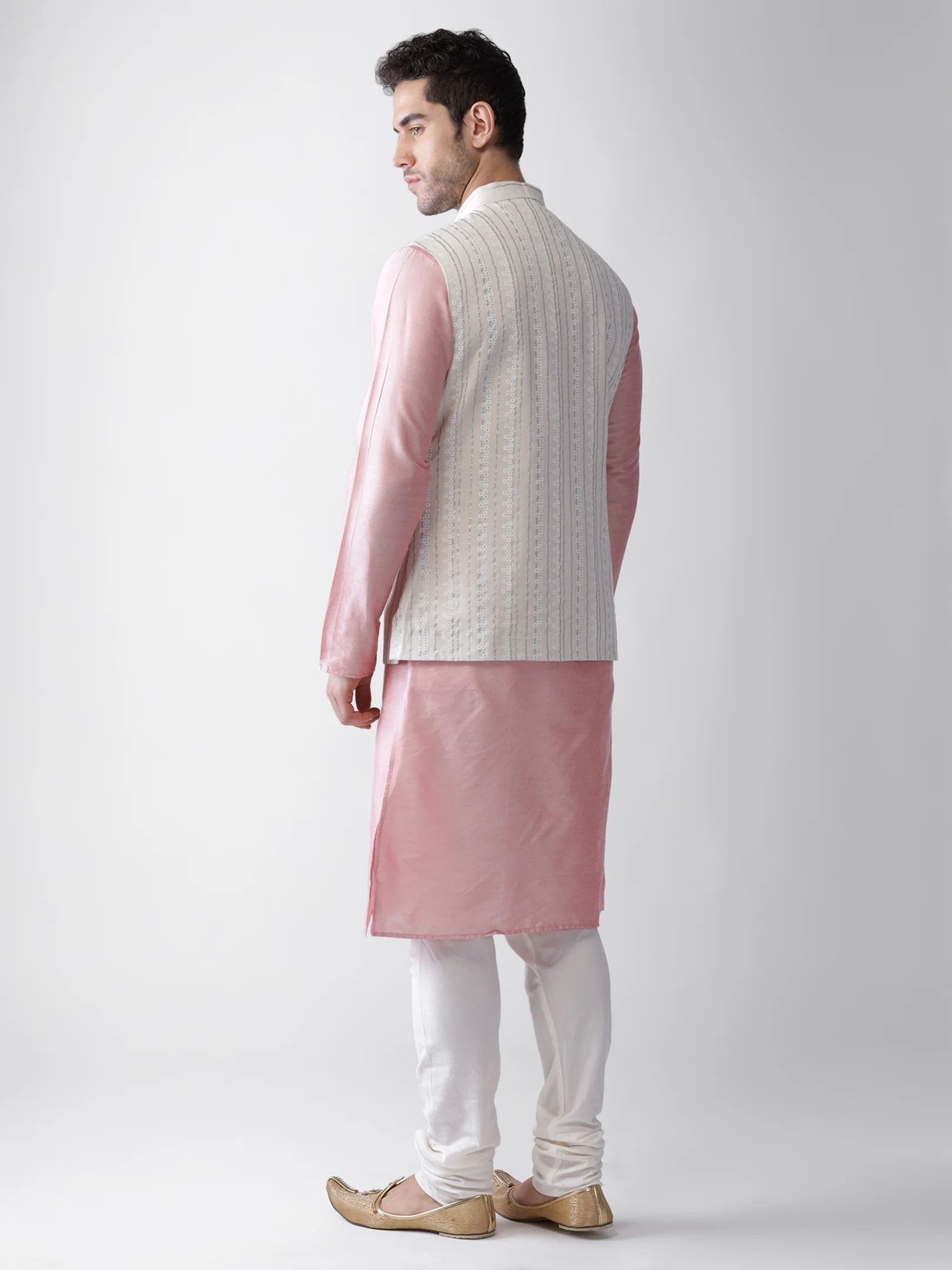 White Printed Jacket Kurta Churidar Set - Image 4