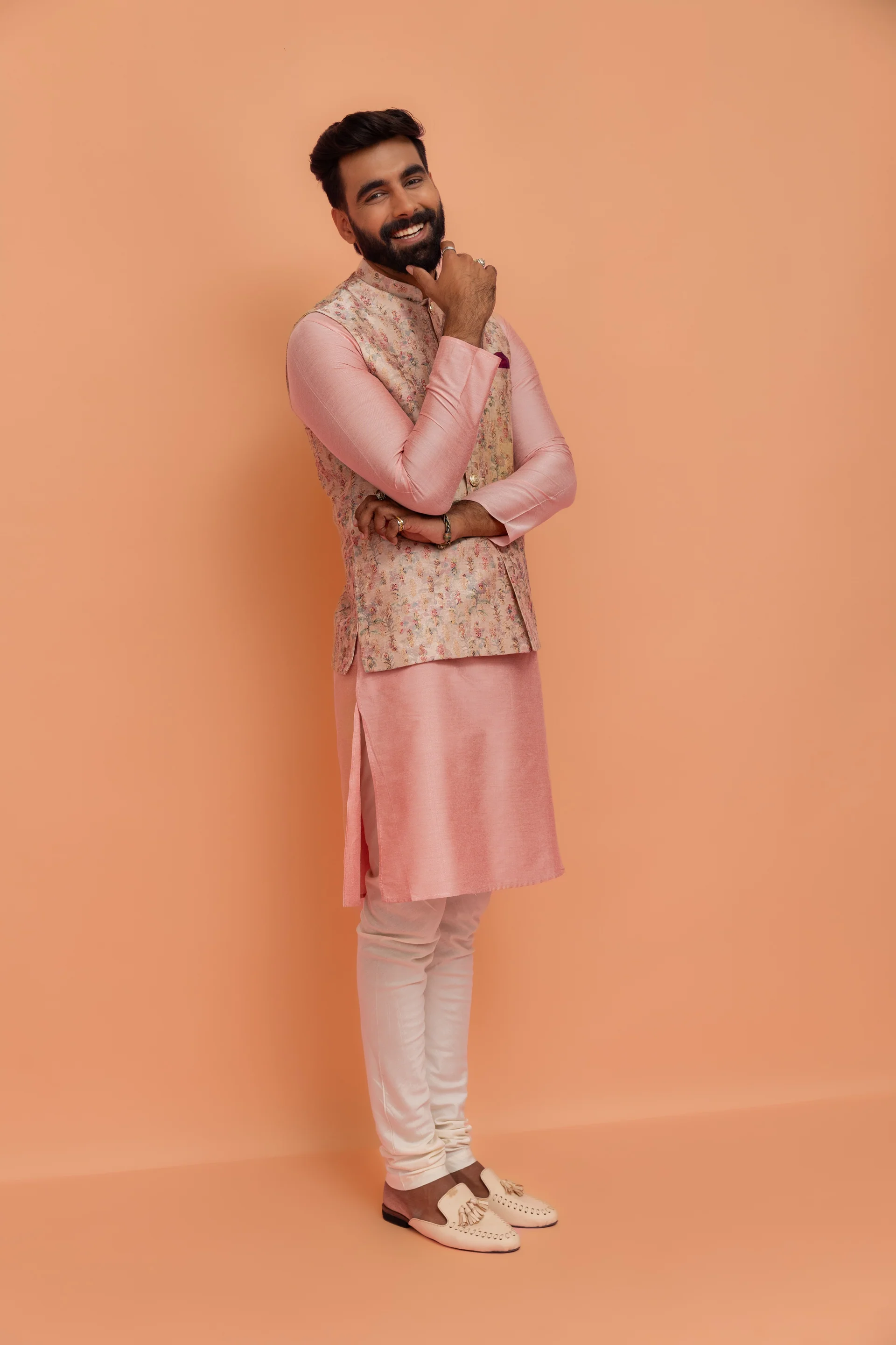 Light Pink Printed Nehru Jacket Kurta Churidar Set - Image 3