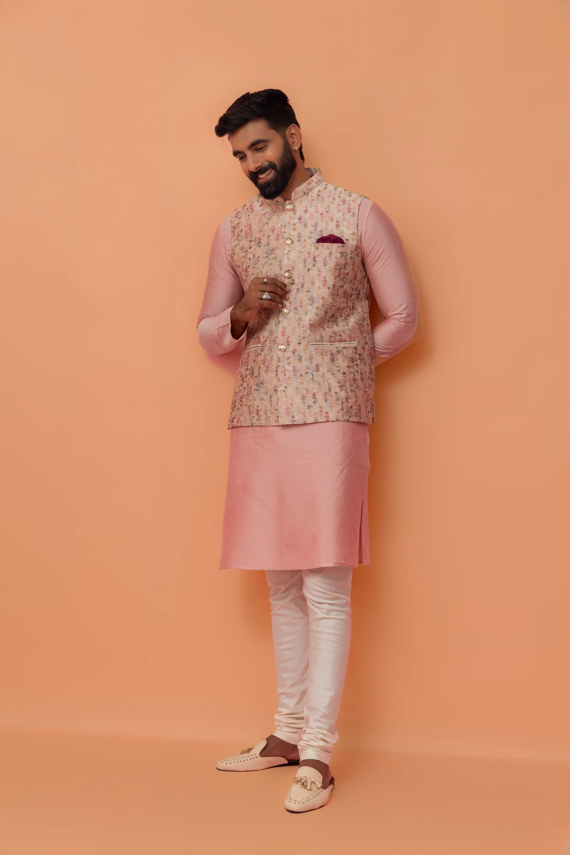 Light Pink Printed Nehru Jacket Kurta Churidar Set - Image 9