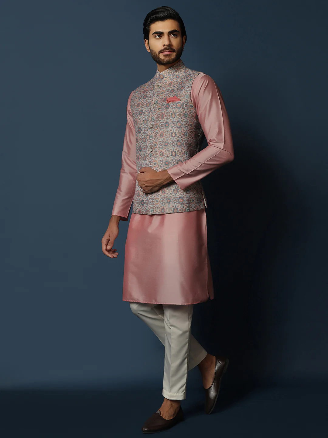 Grey Printed Silk Blend Nehru Jacket Kurta Trouser Set - Image 3
