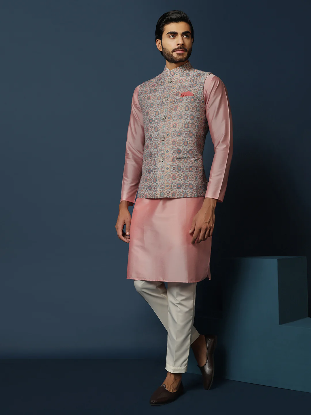 Grey Printed Silk Blend Nehru Jacket Kurta Trouser Set - Image 7
