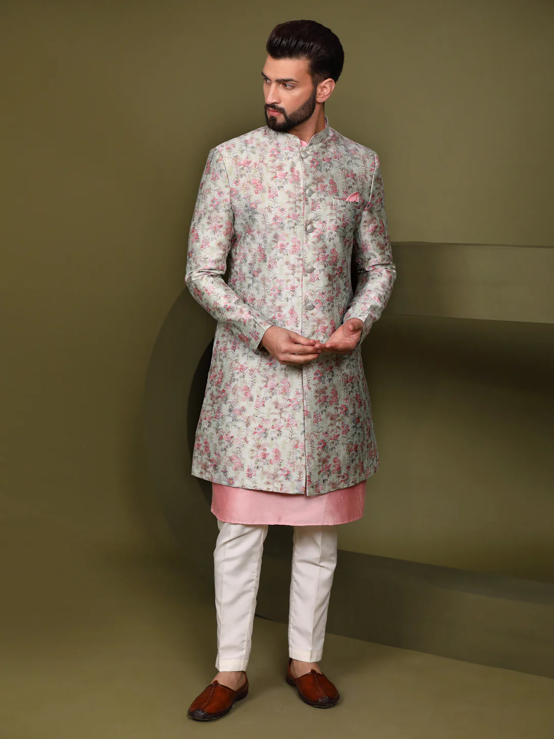 Cream Floral Silk Blend Sherwani Trouser Set - Image 3