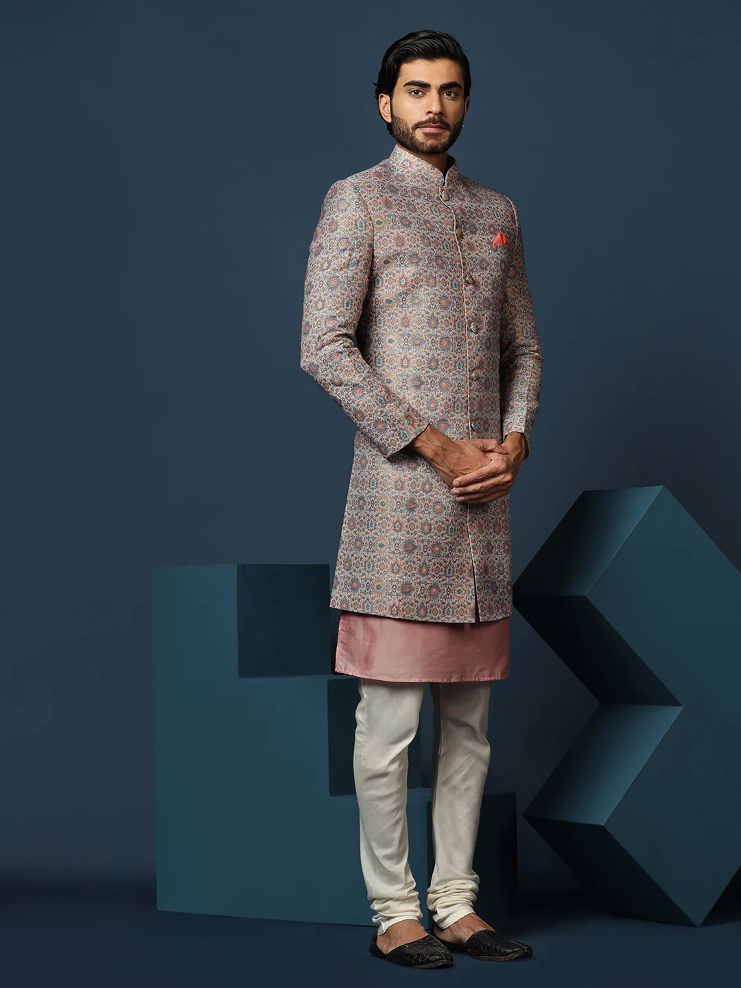 Pastel Cotton Silk Printed Sherwani Kurta Churidar Set - Image 2