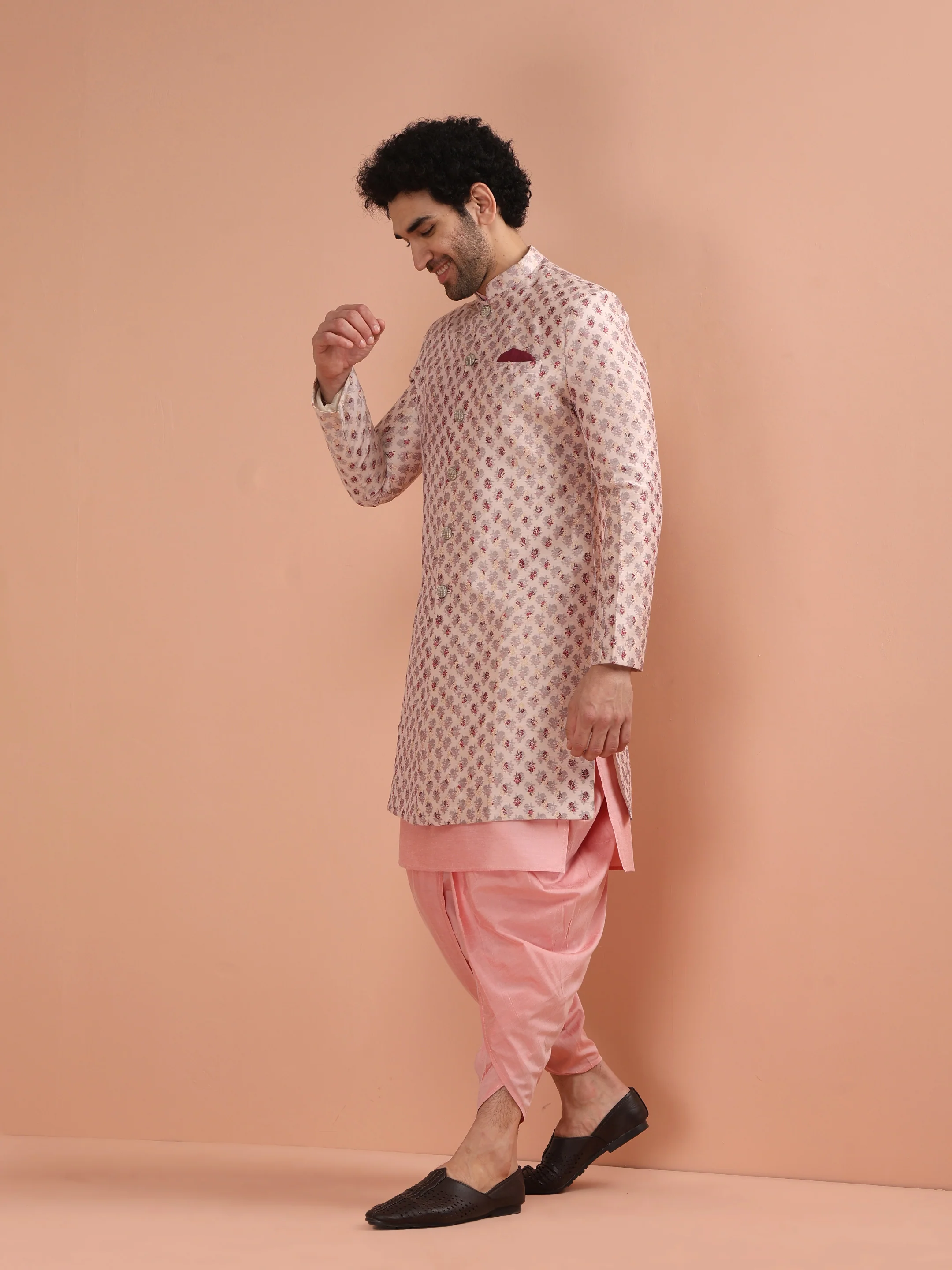 Pink Cotton Silk Printed Sherwani Kurta Dhoti Set - Image 2
