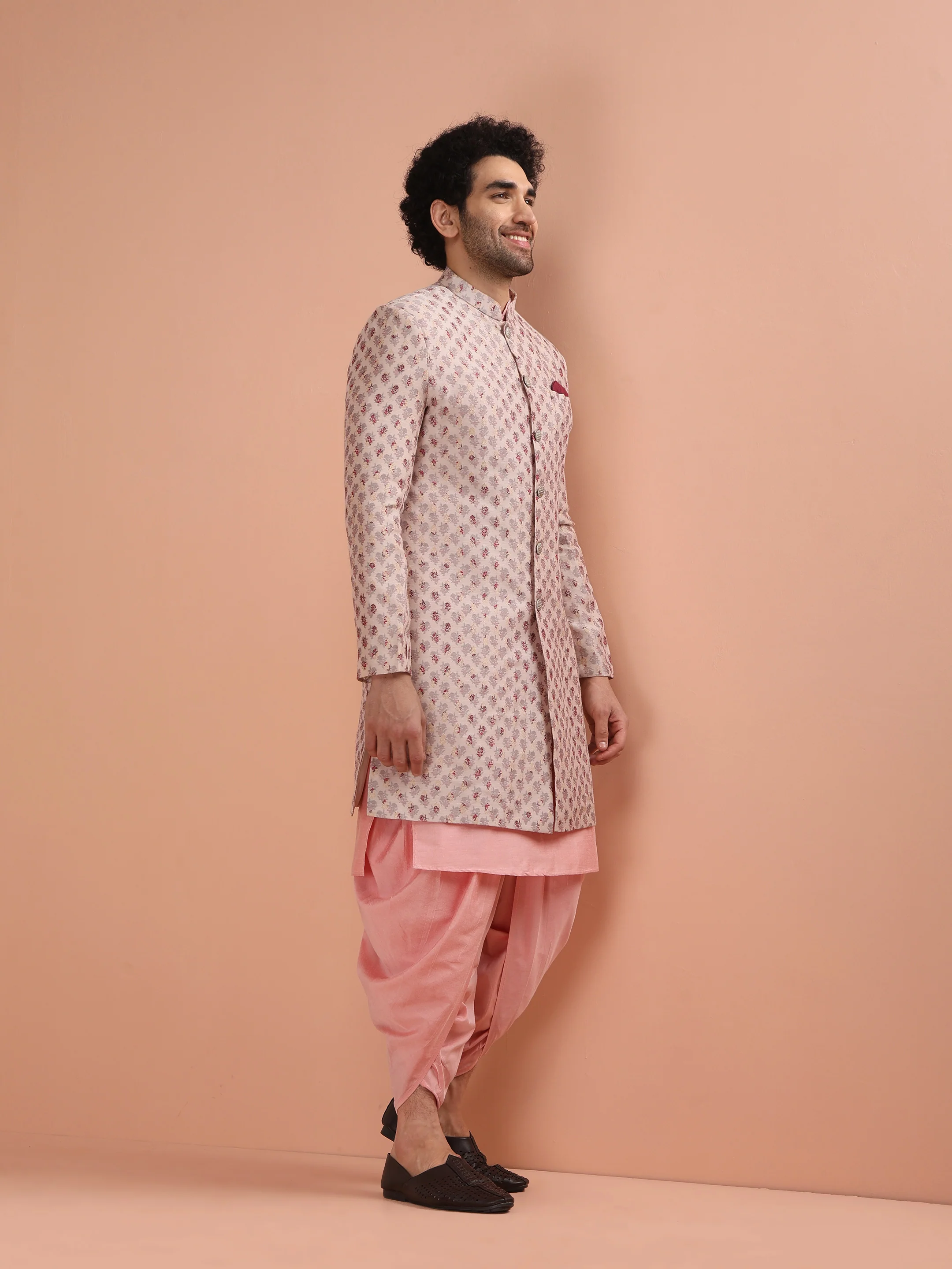 Pink Cotton Silk Printed Sherwani Kurta Dhoti Set - Image 3