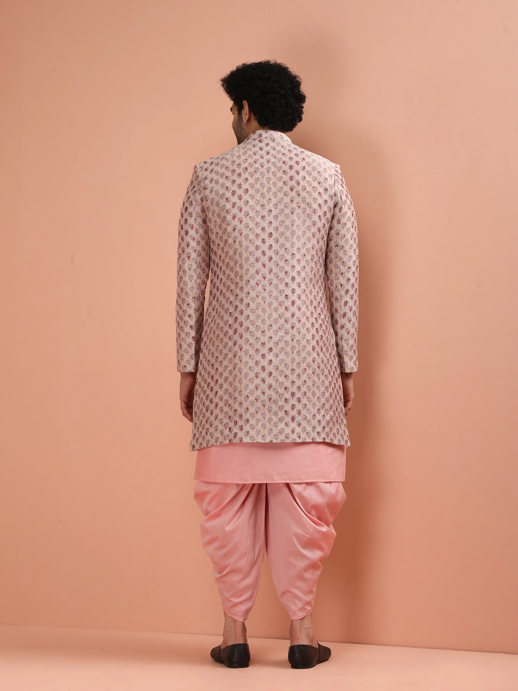 Pink Cotton Silk Printed Sherwani Kurta Dhoti Set - Image 4