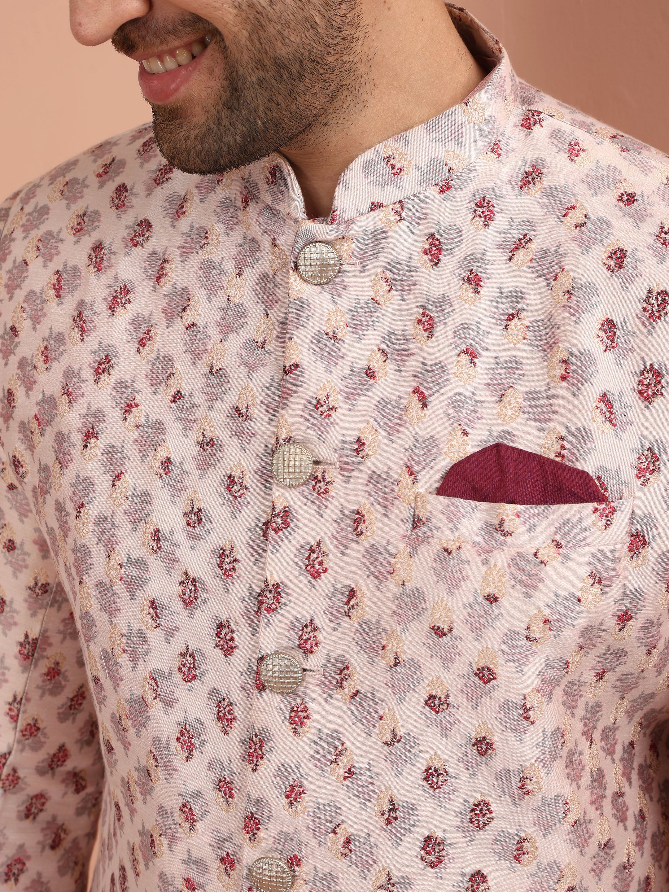 Pink Cotton Silk Printed Sherwani Kurta Dhoti Set - Image 5
