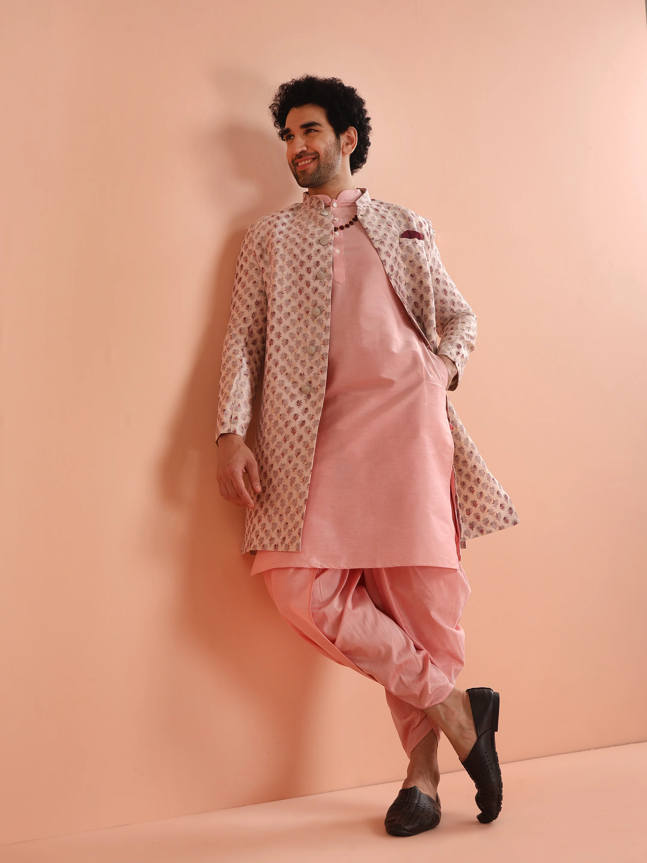Pink Cotton Silk Printed Sherwani Kurta Dhoti Set - Image 8
