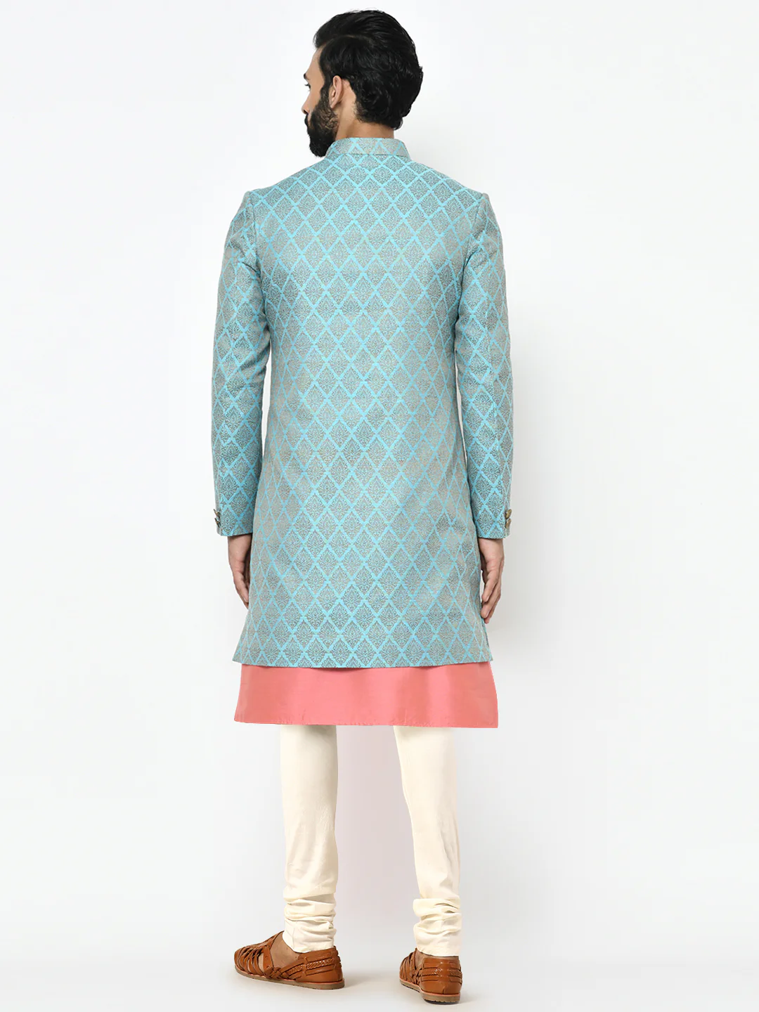 Men's Blue Indowestern Set With Kurta and Churidar - Image 4