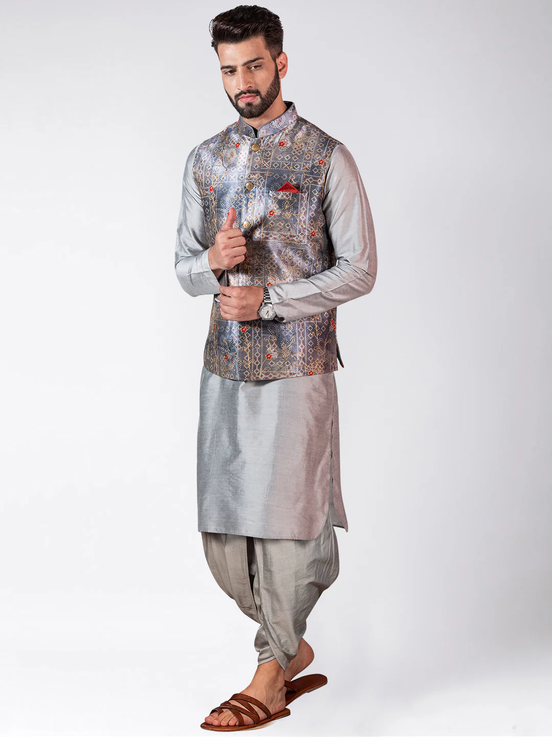 Men's Grey Kurta Jacket Dhoti Set - Image 2