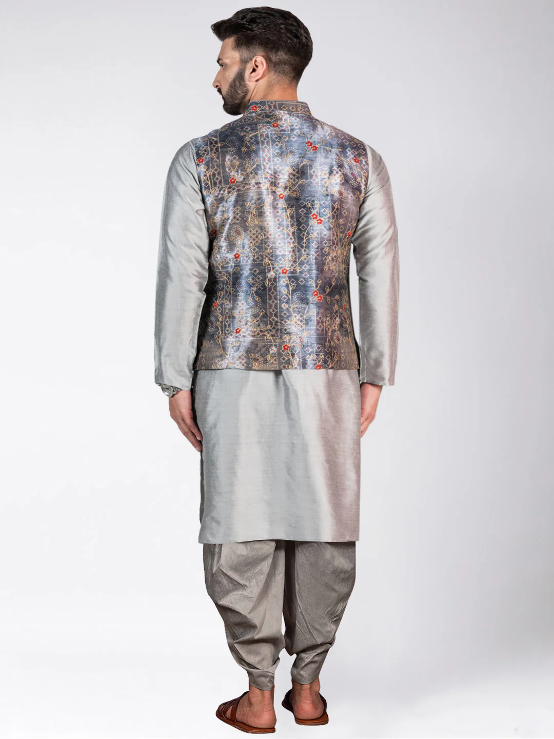 Men's Grey Kurta Jacket Dhoti Set - Image 3