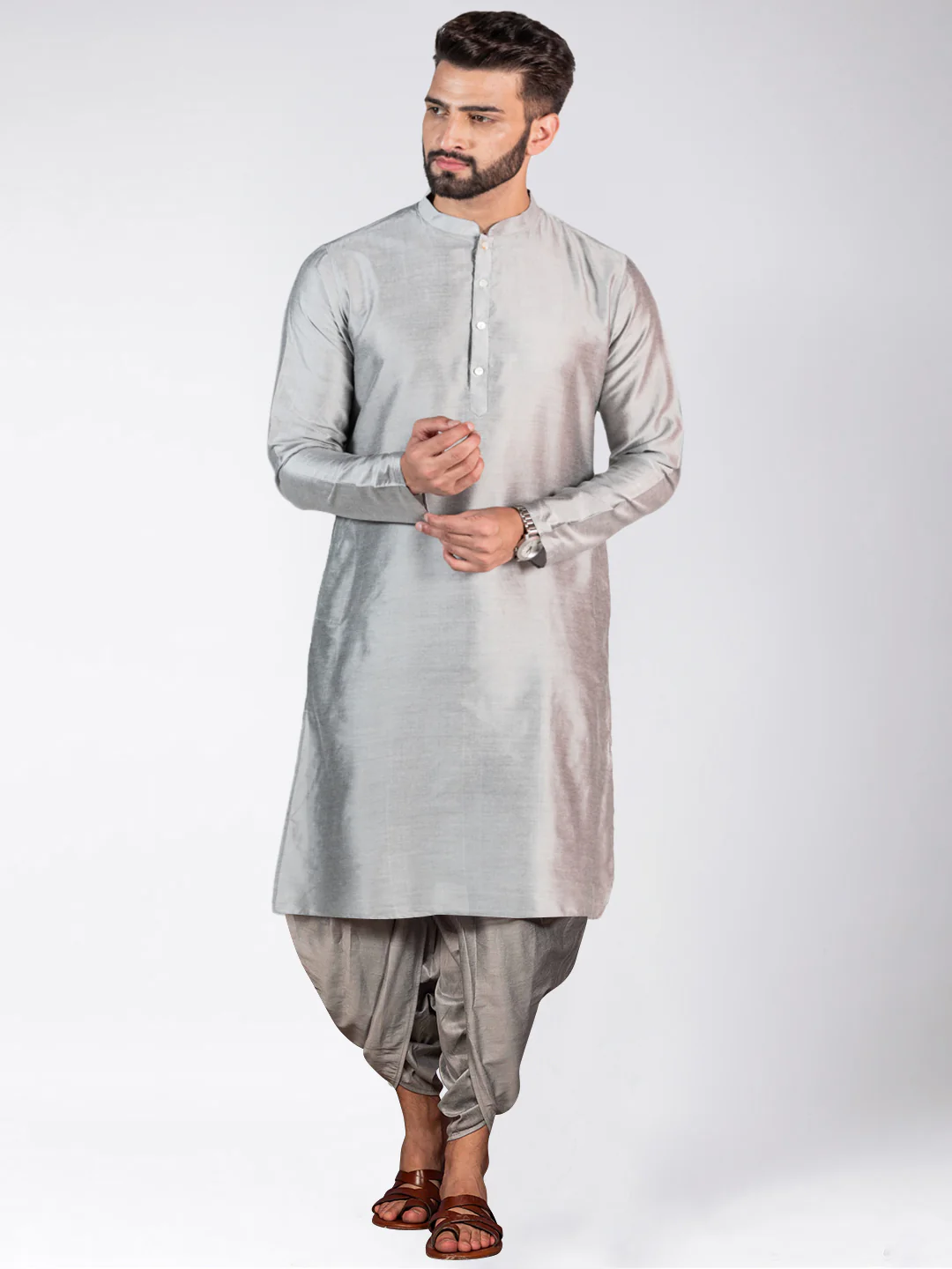 Men's Grey Kurta Jacket Dhoti Set - Image 5