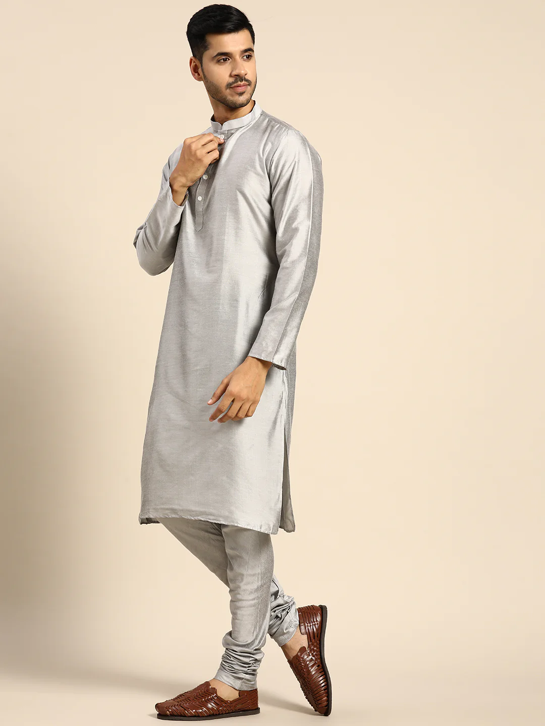Men Grey Color Kurta Jacket Set - Image 3