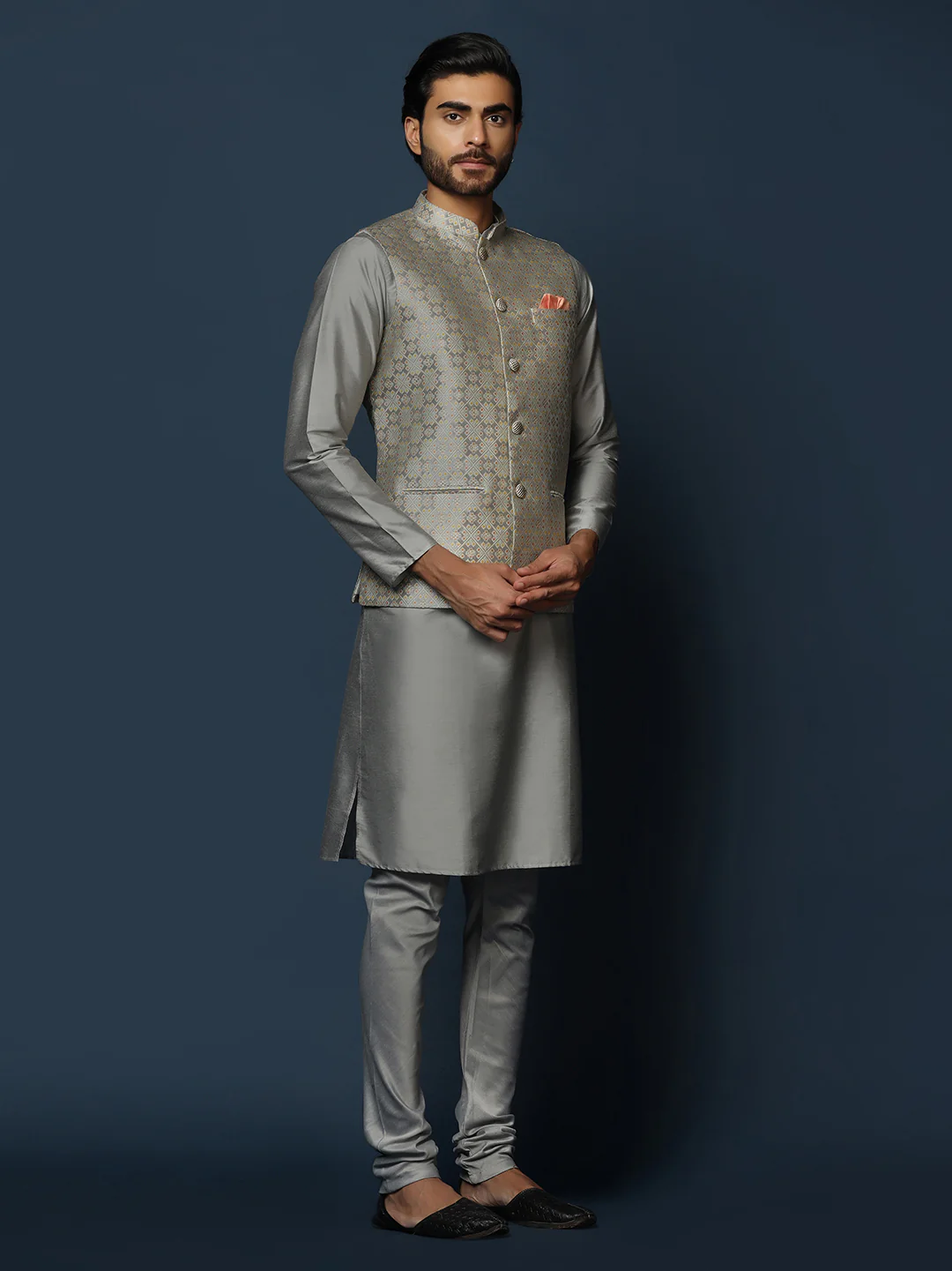 Grey Silk Blend Textured Nehru Jacket Kurta Churidar - Image 2