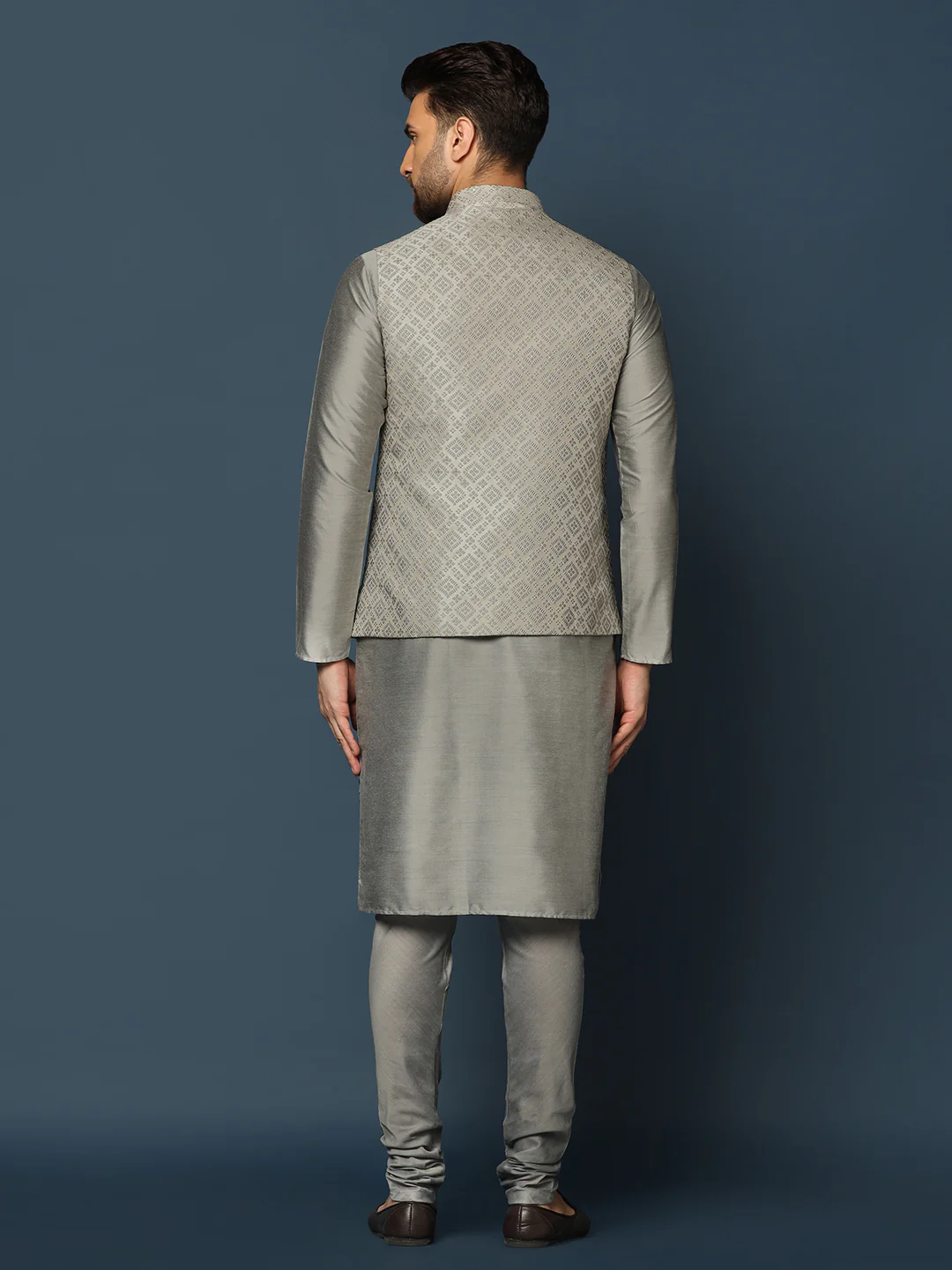 Grey Silk Blend Textured Nehru Jacket Set with Kurta & Churidar - Image 4