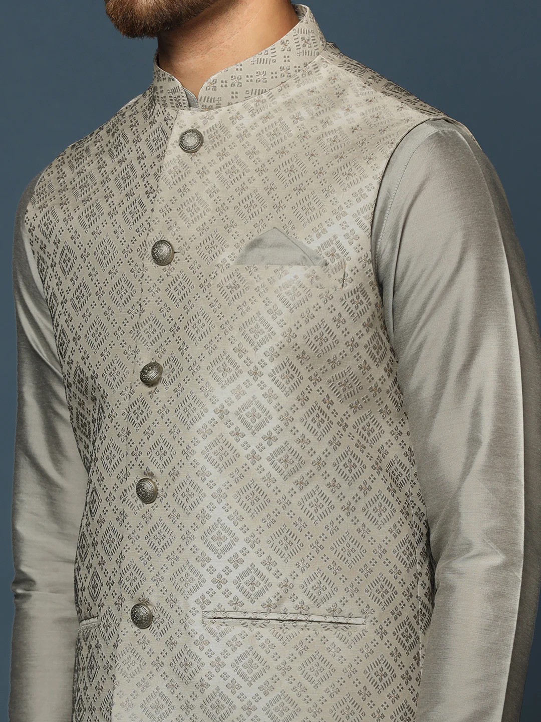 Grey Silk Blend Textured Nehru Jacket Set with Kurta & Churidar - Image 6