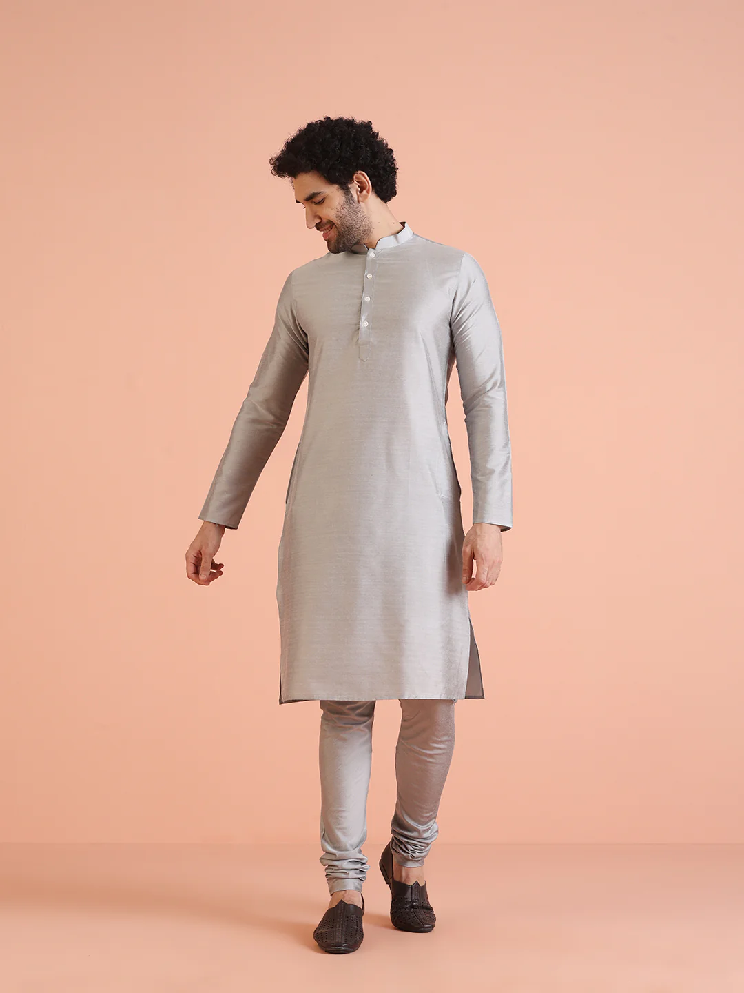 Silver Grey Silk Blend Woven Sherwani Kurta Churidar Set - Image 7