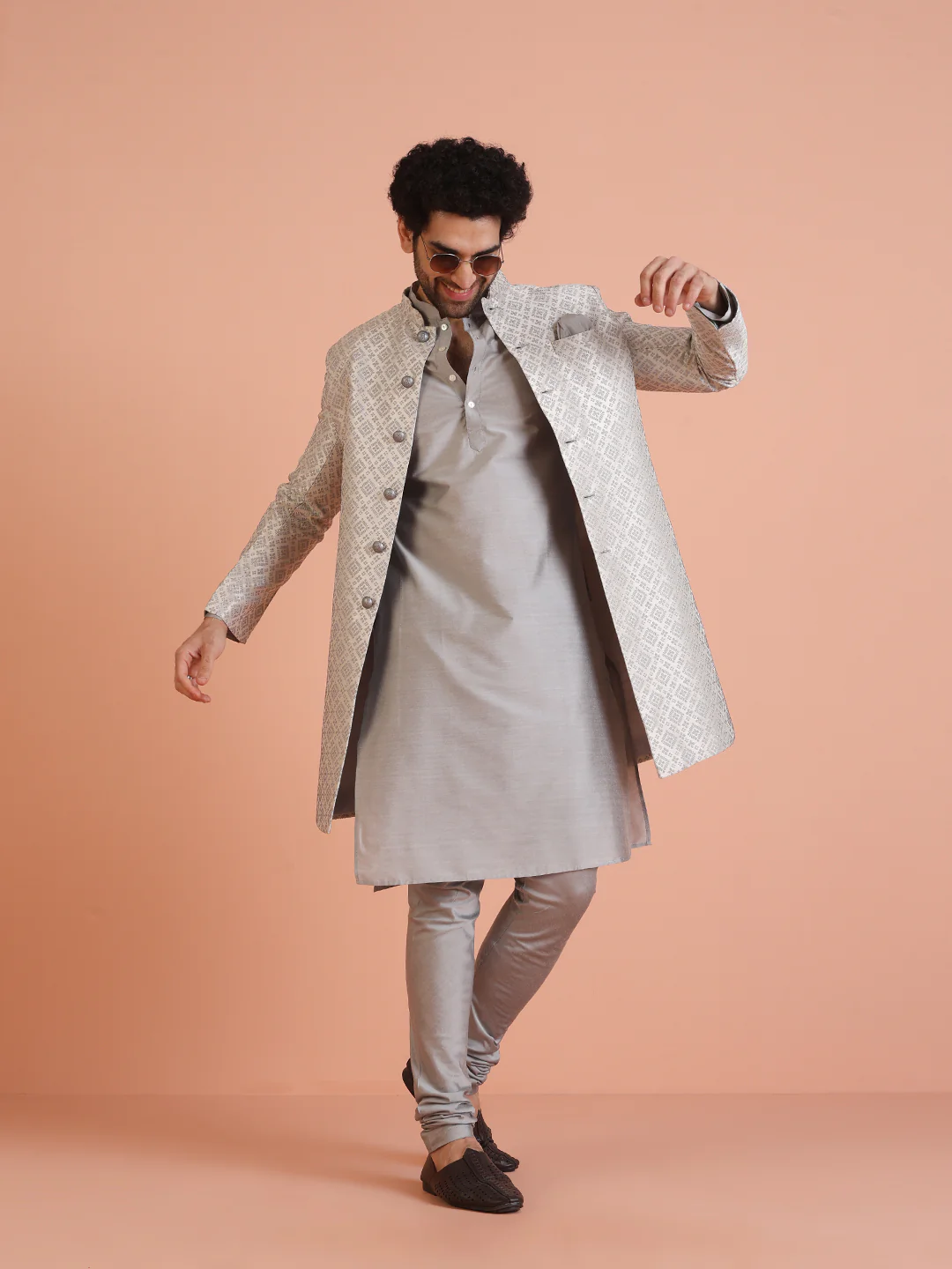 Silver Woven Sherwani Set with Kurta Churidar - Image 2