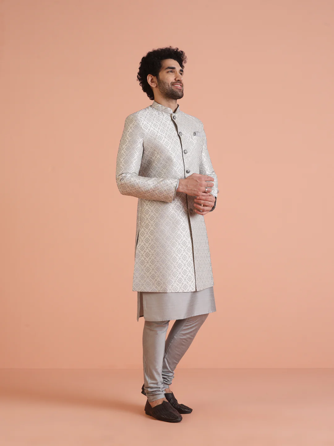 Silver Woven Sherwani Set with Kurta Churidar - Image 4