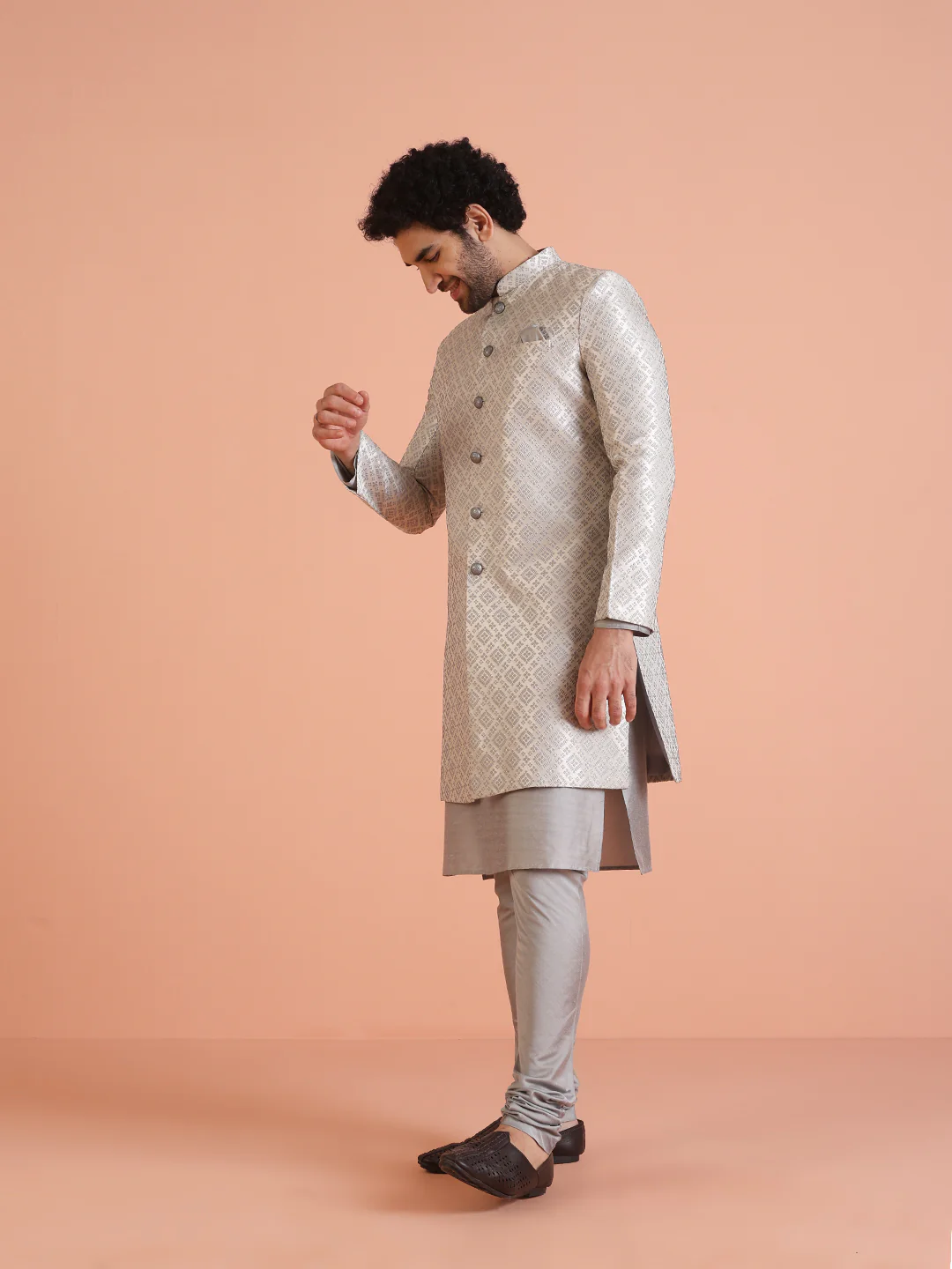 Silver Woven Sherwani Set with Kurta Churidar - Image 5