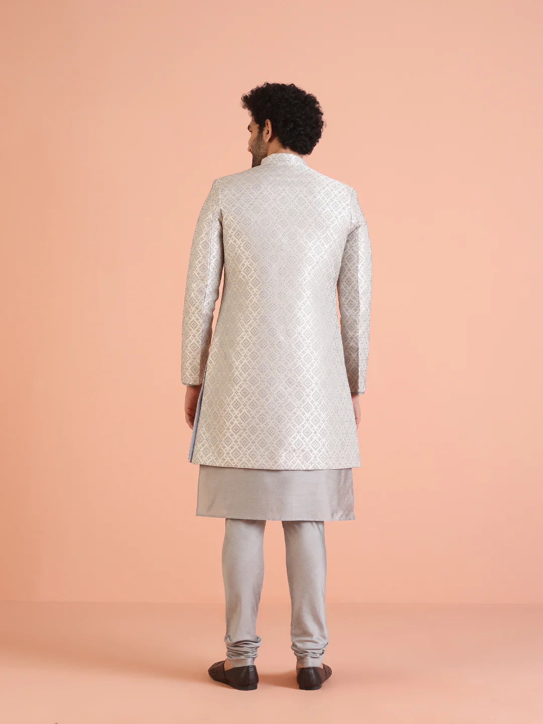 Silver Woven Sherwani Set with Kurta Churidar - Image 6