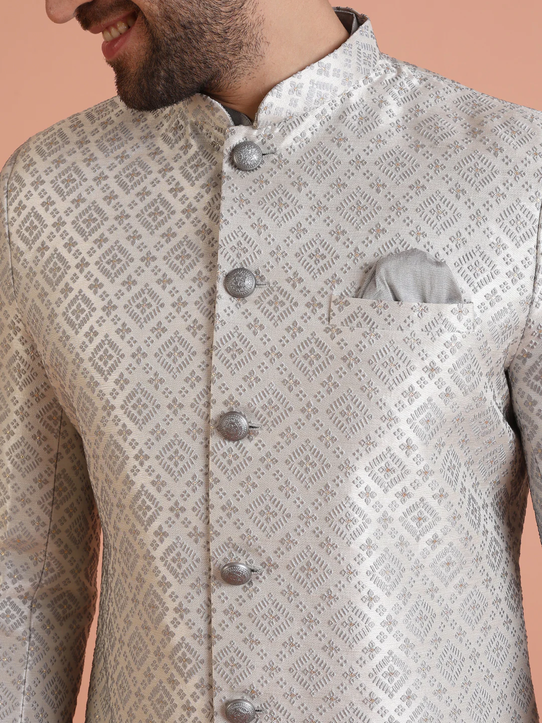 Silver Woven Sherwani Set with Kurta Churidar - Image 7