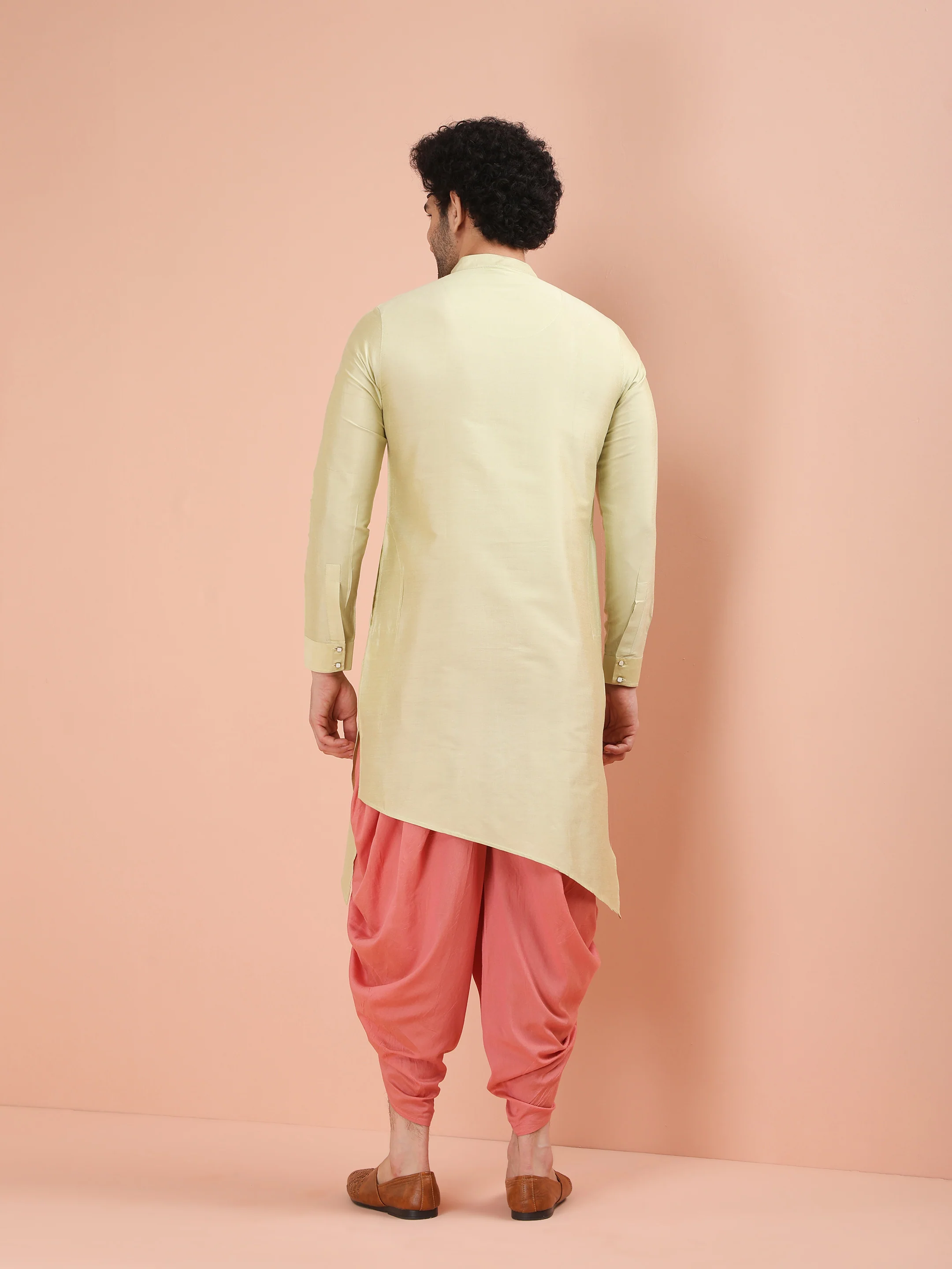 Light Green Asymmetrical Silk Kurta - Image 4