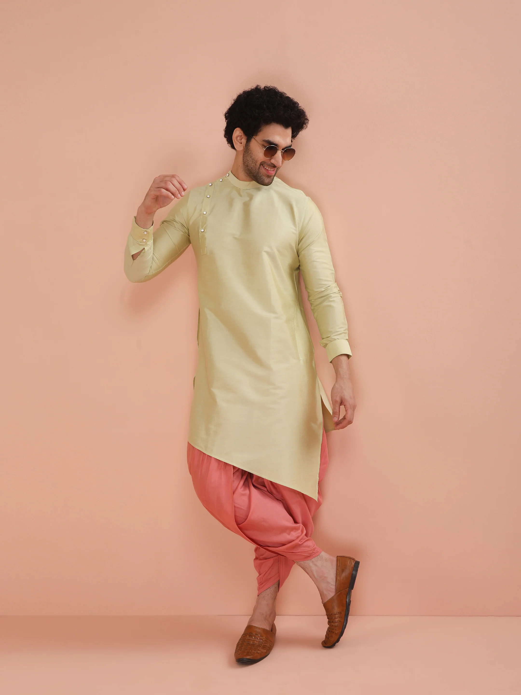 Light Green Asymmetrical Silk Kurta - Image 6