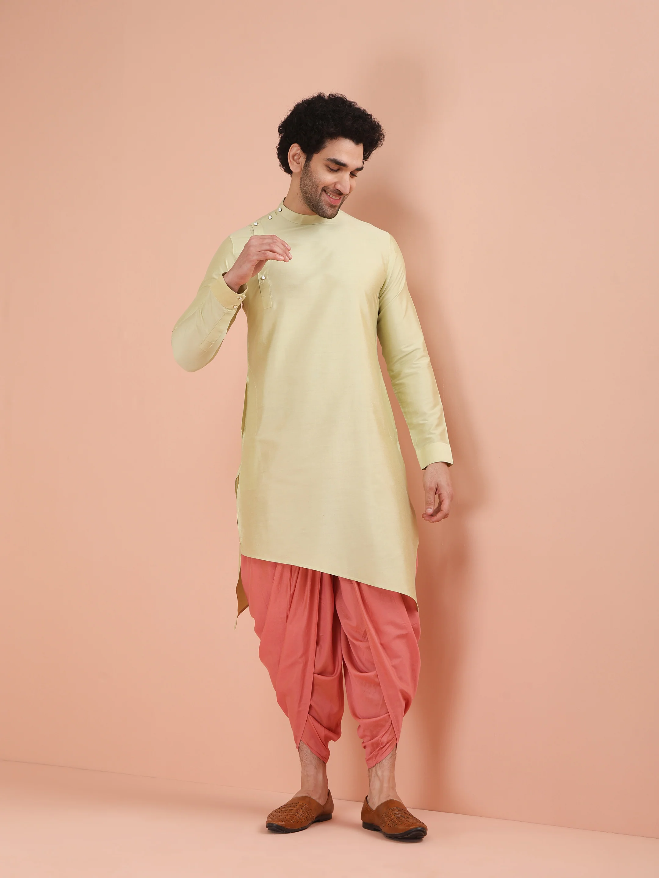 Light Green Asymmetrical Silk Kurta - Image 7