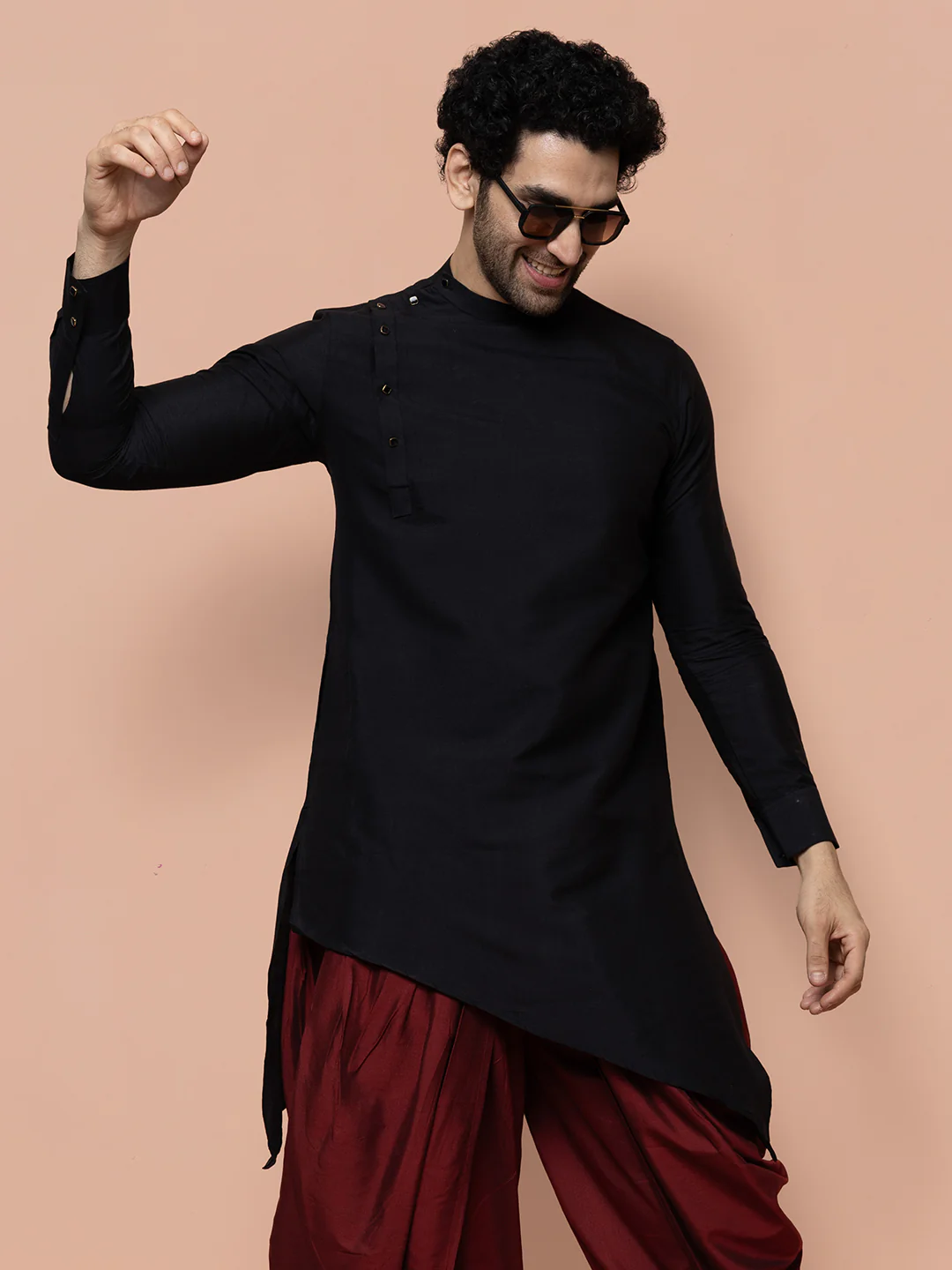 Men Black Solid Asymmetrical Kurta