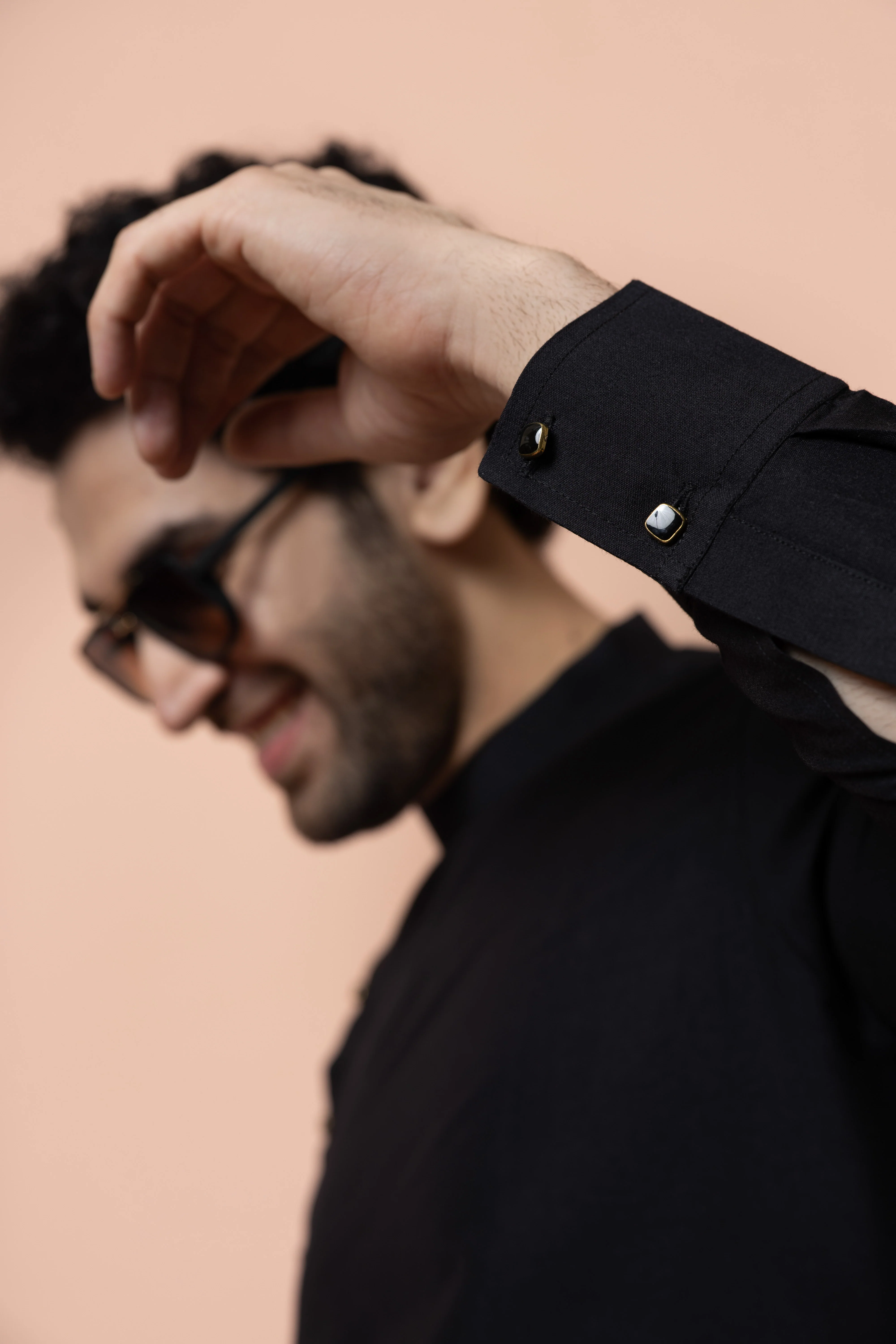 Men Black Solid Asymmetrical Kurta - Image 2