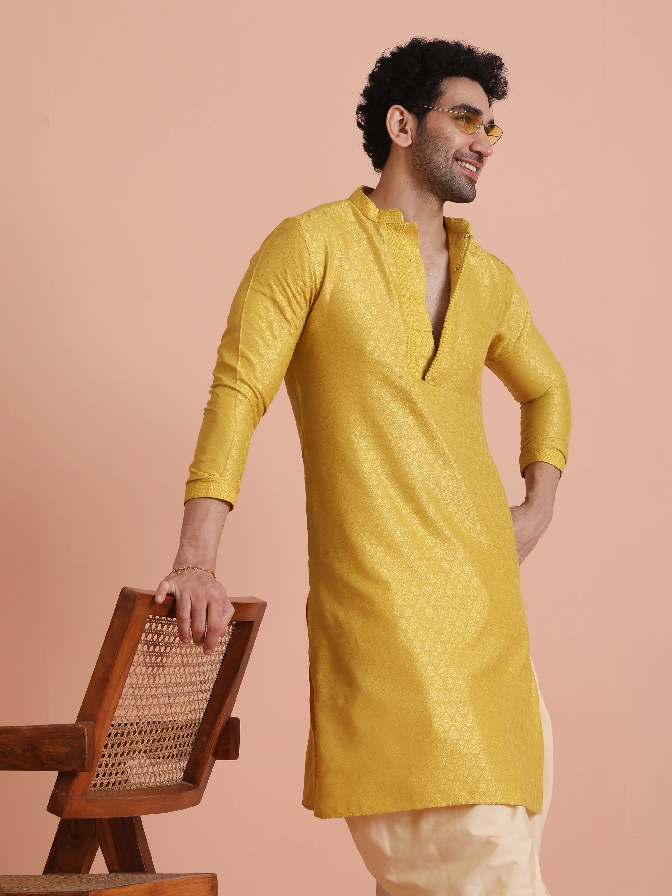 Yellow Silk Blend Jacquard Long Kurta