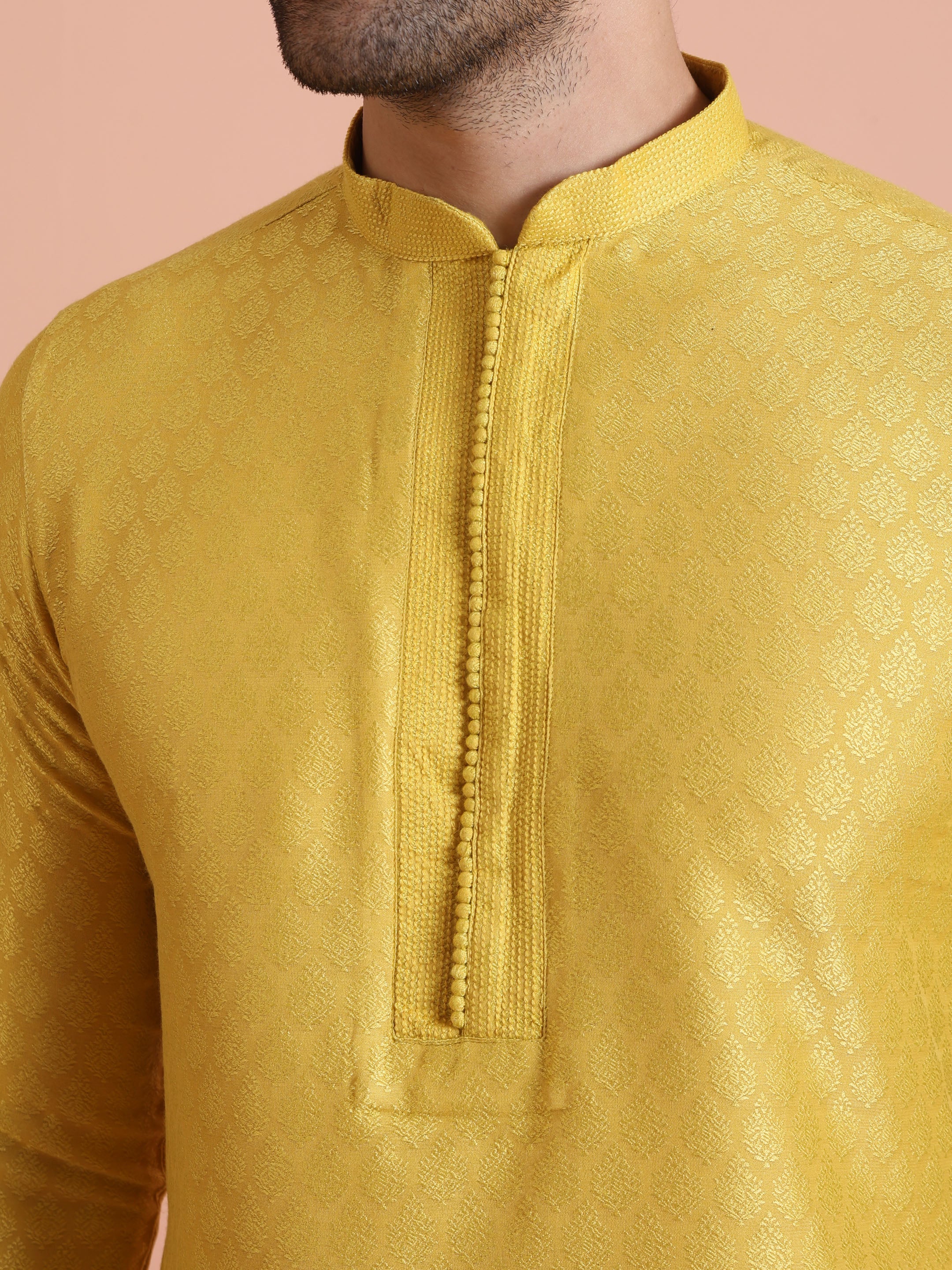 Yellow Silk Blend Jacquard Long Kurta - Image 2