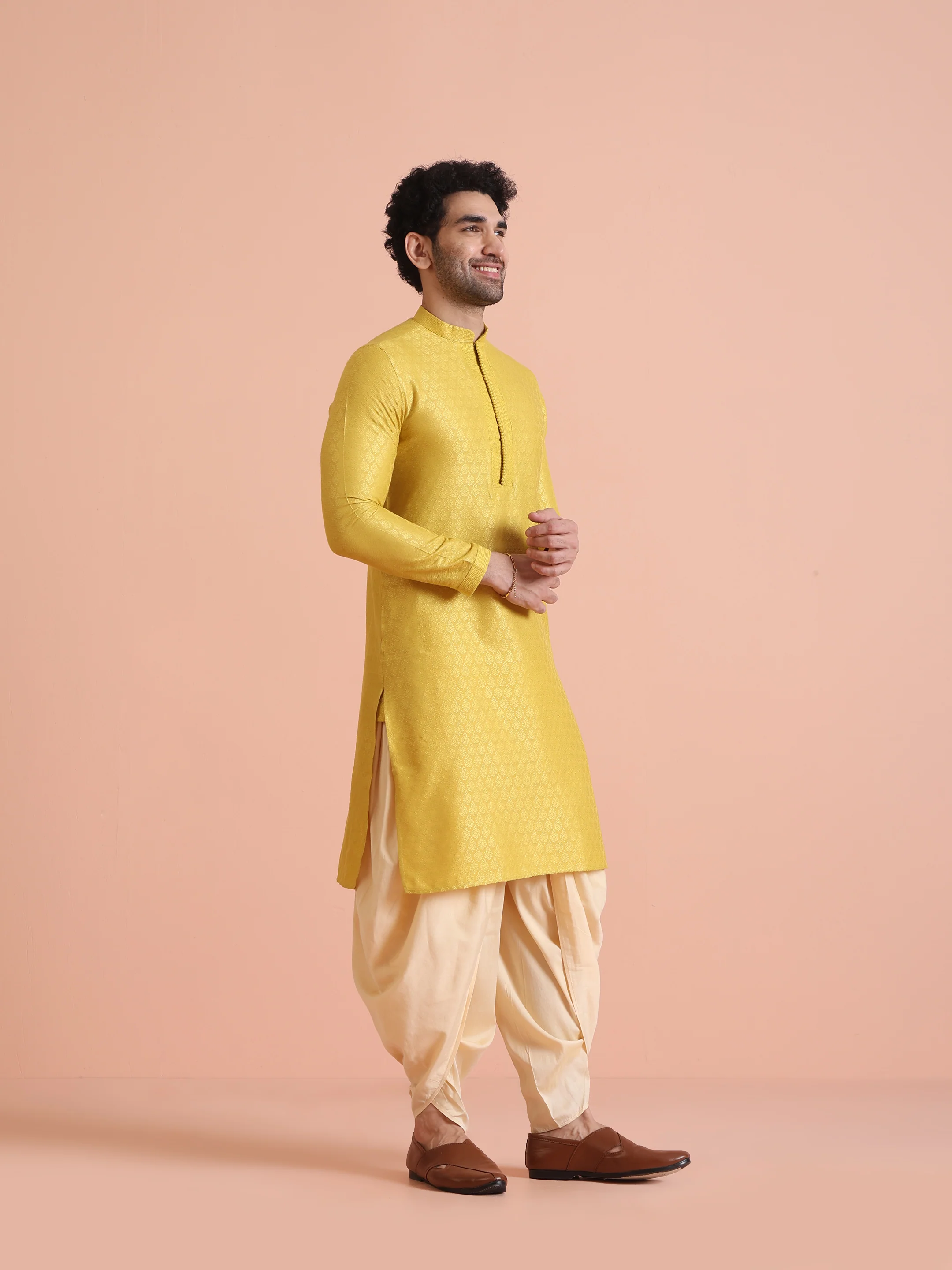 Yellow Silk Blend Jacquard Long Kurta - Image 3