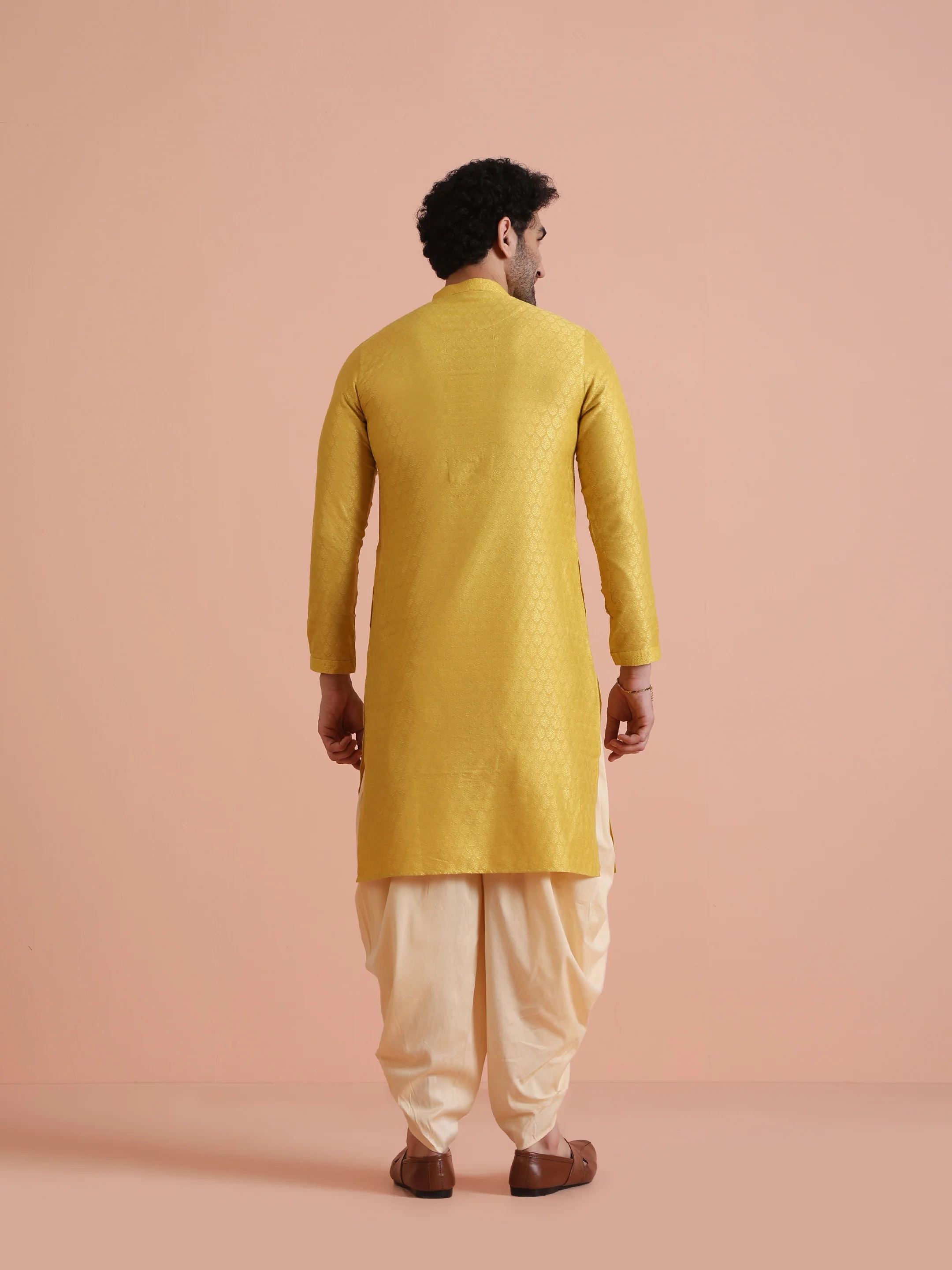 Yellow Silk Blend Jacquard Long Kurta - Image 5