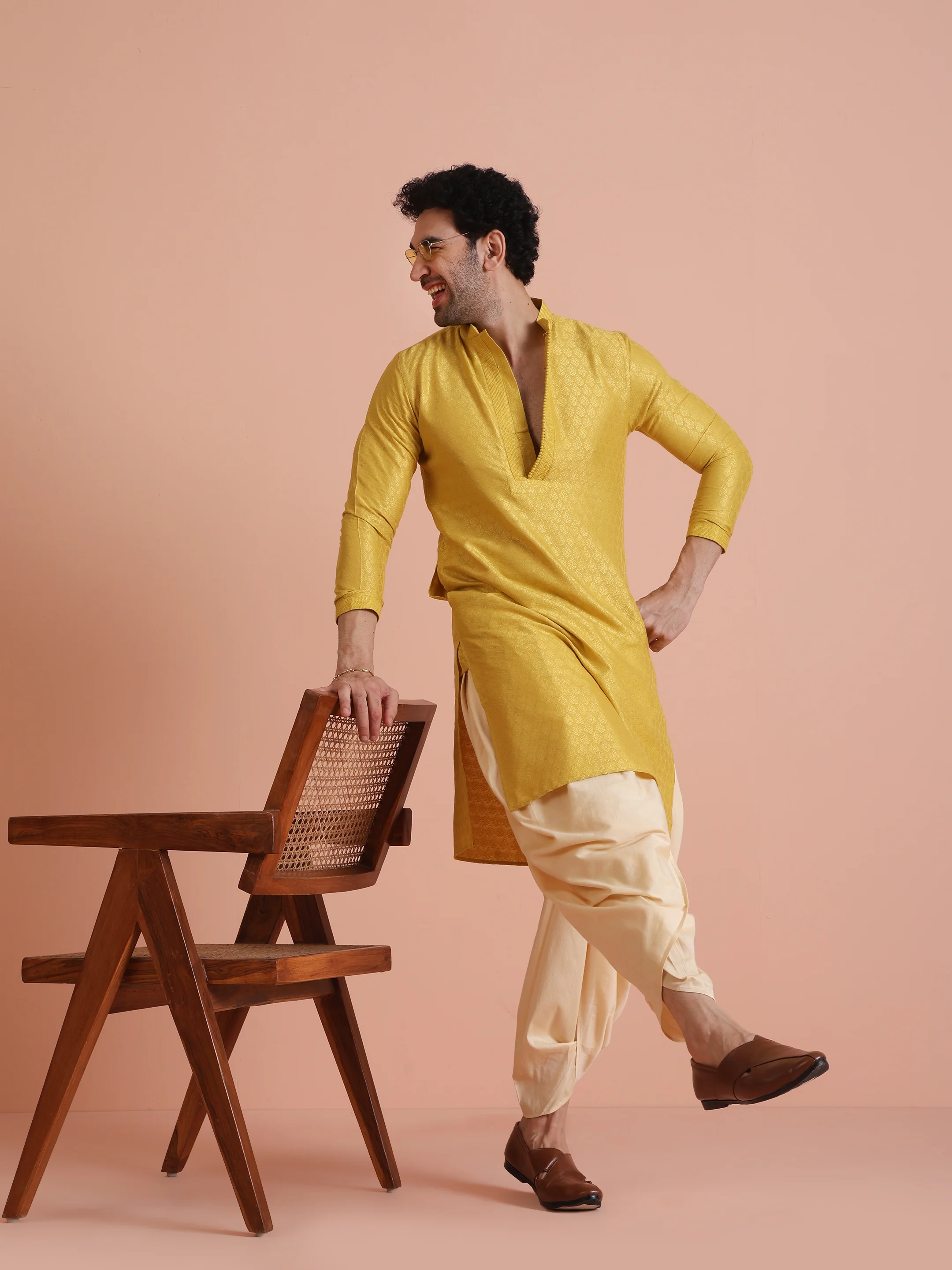 Yellow Silk Blend Jacquard Long Kurta - Image 7
