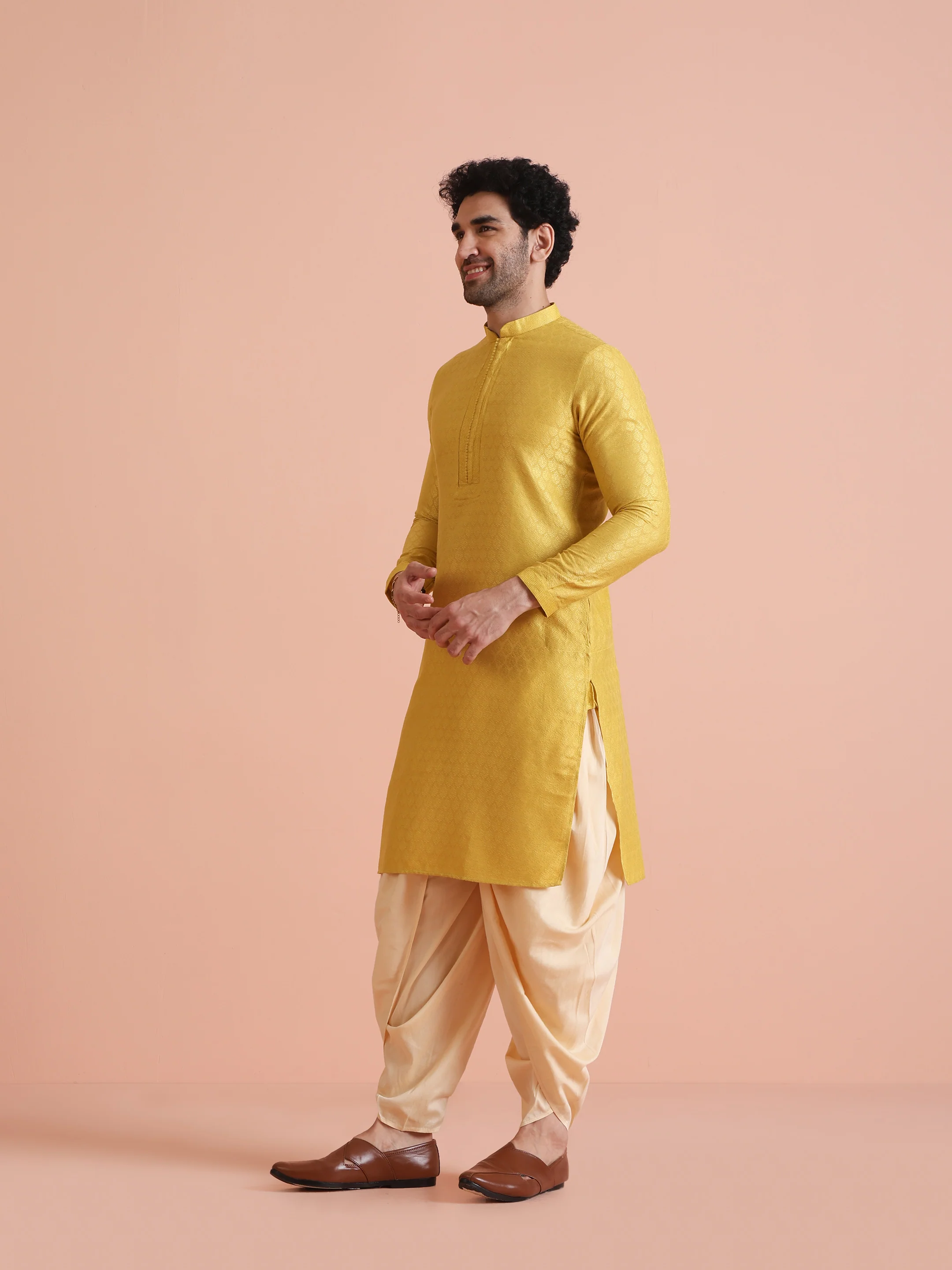 Yellow Silk Blend Kurta Dhoti Set - Image 3