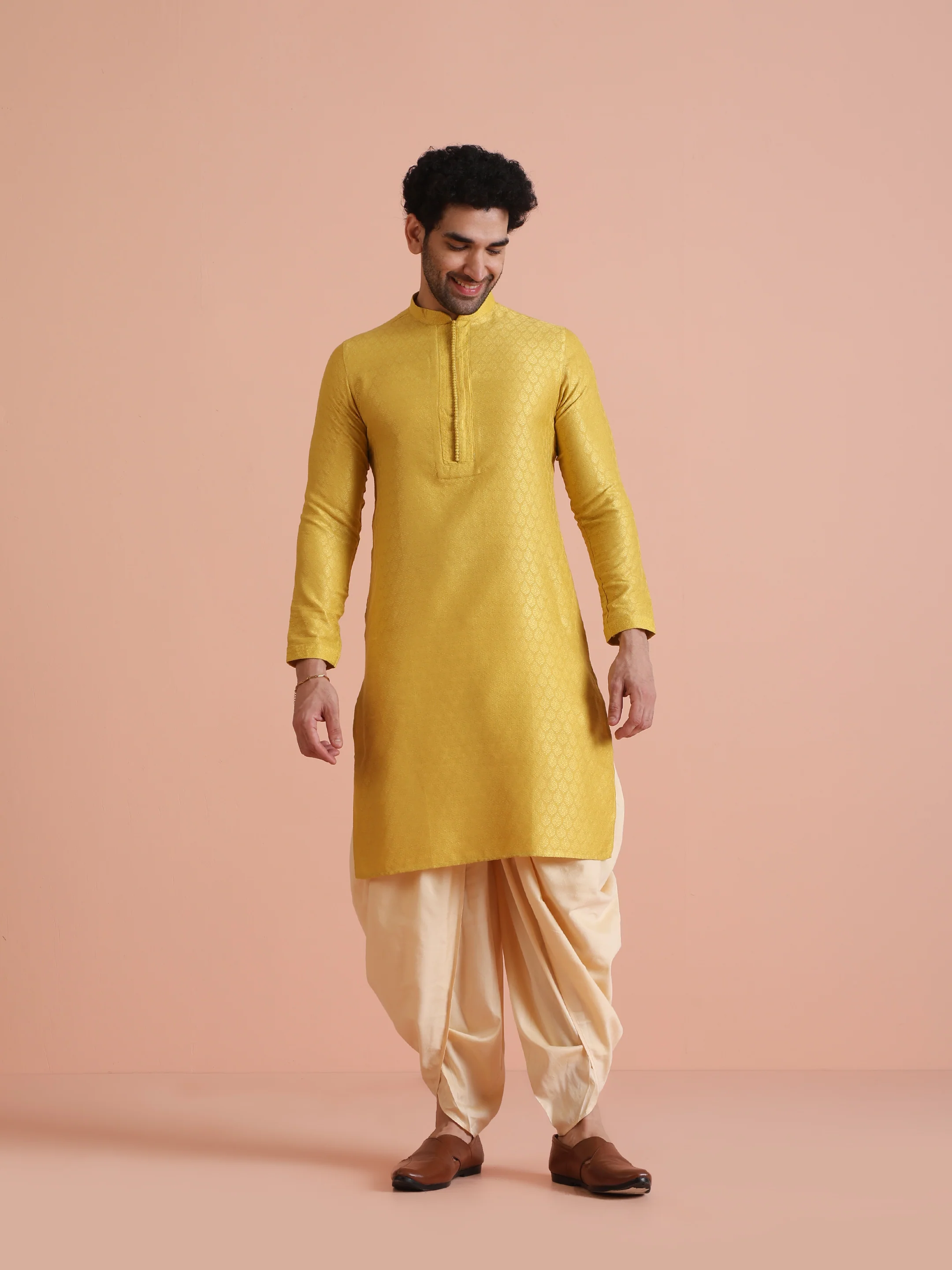 Yellow Silk Blend Kurta Dhoti Set - Image 7