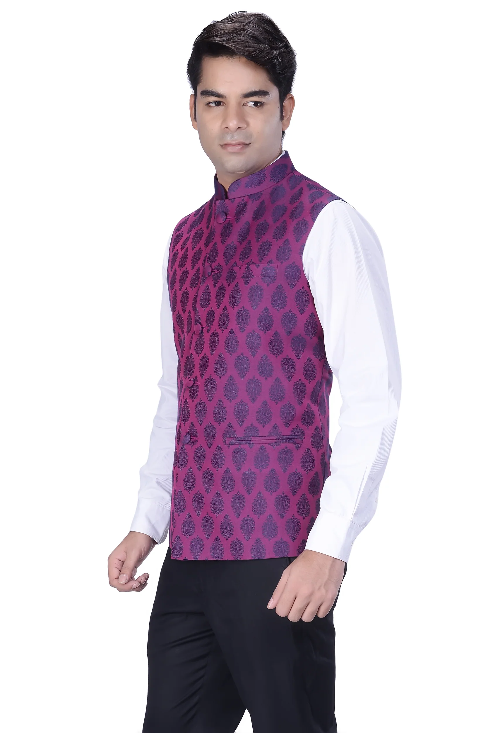 Men Purple Woven Design Nehru Jacket - Image 2