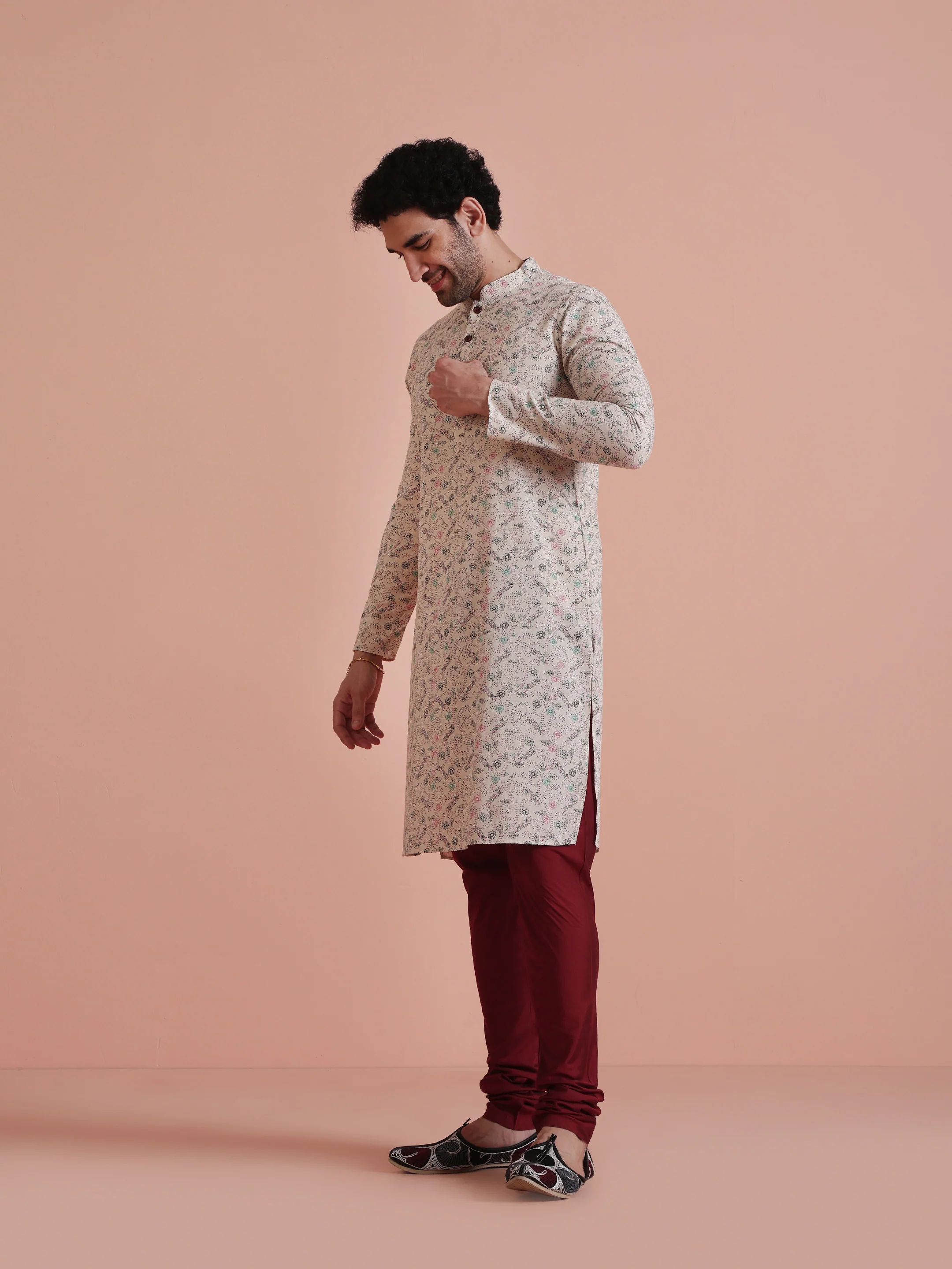 Beige Printed Cotton Kurta with Multicolor Kantha-Inspired Motifs for Festive Wear - Image 3