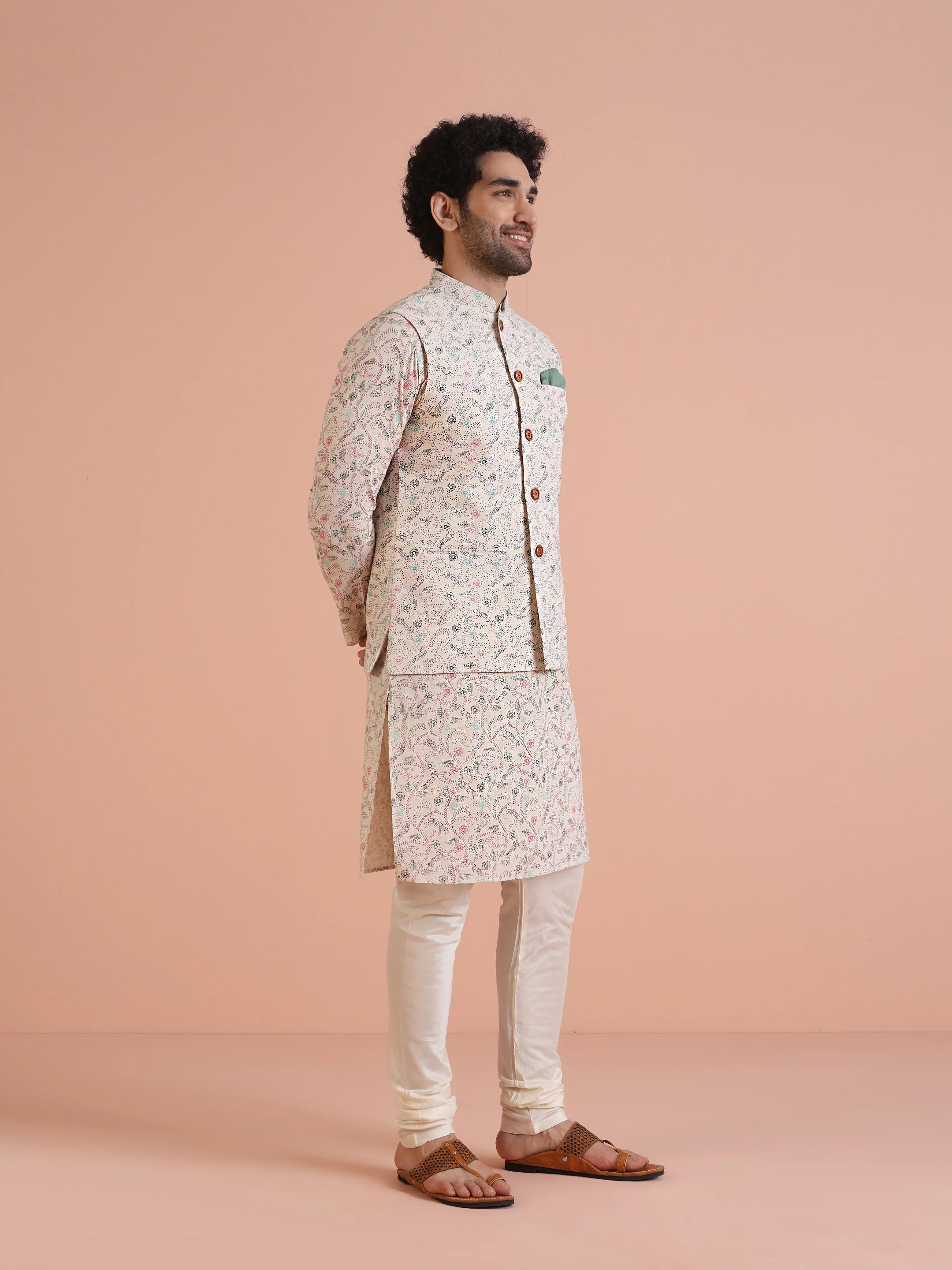 Multicolor Printed Nehru Jacket Kurta Churidar Set - Image 2