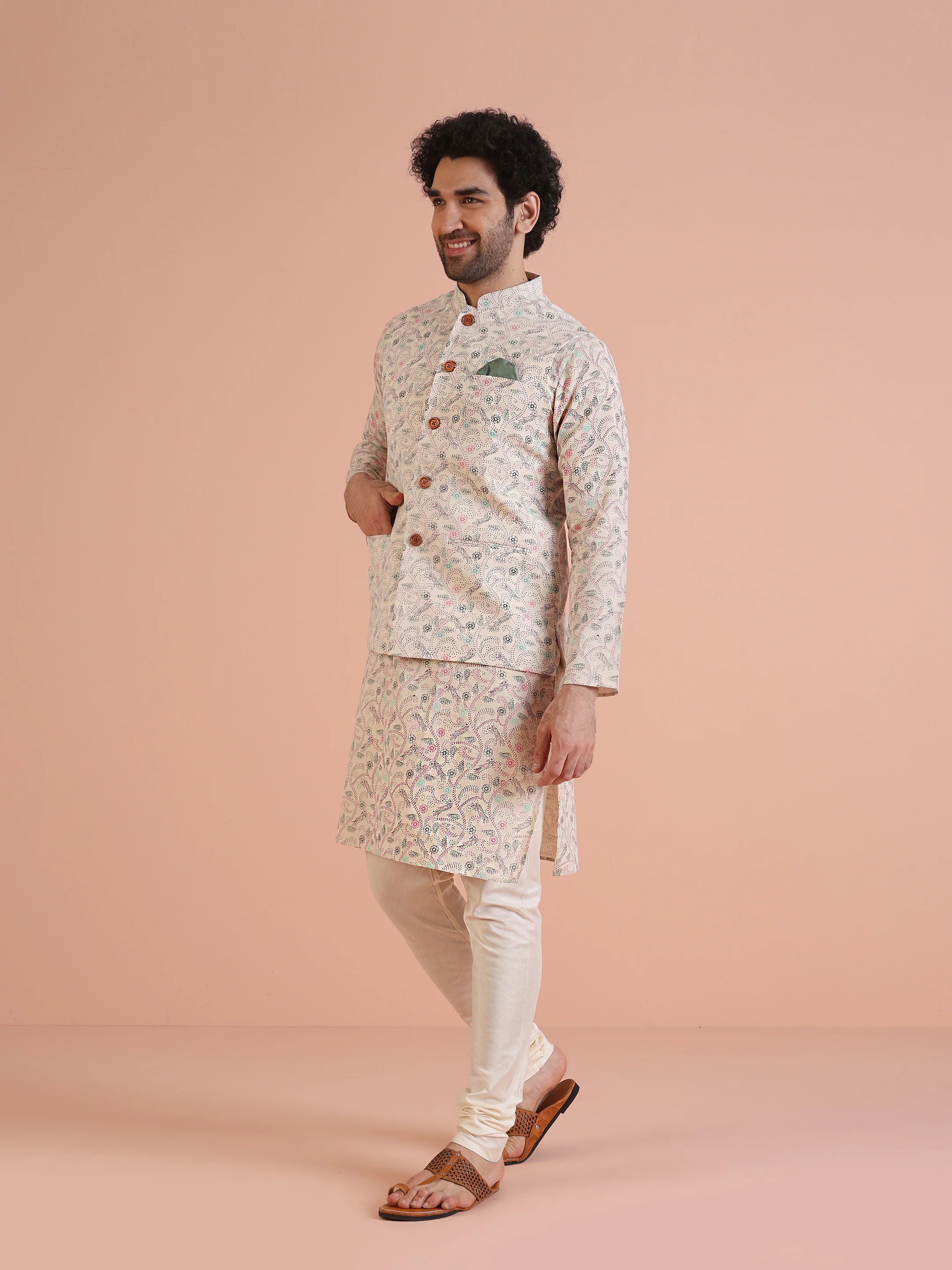 Multicolor Printed Nehru Jacket Kurta Churidar Set - Image 3