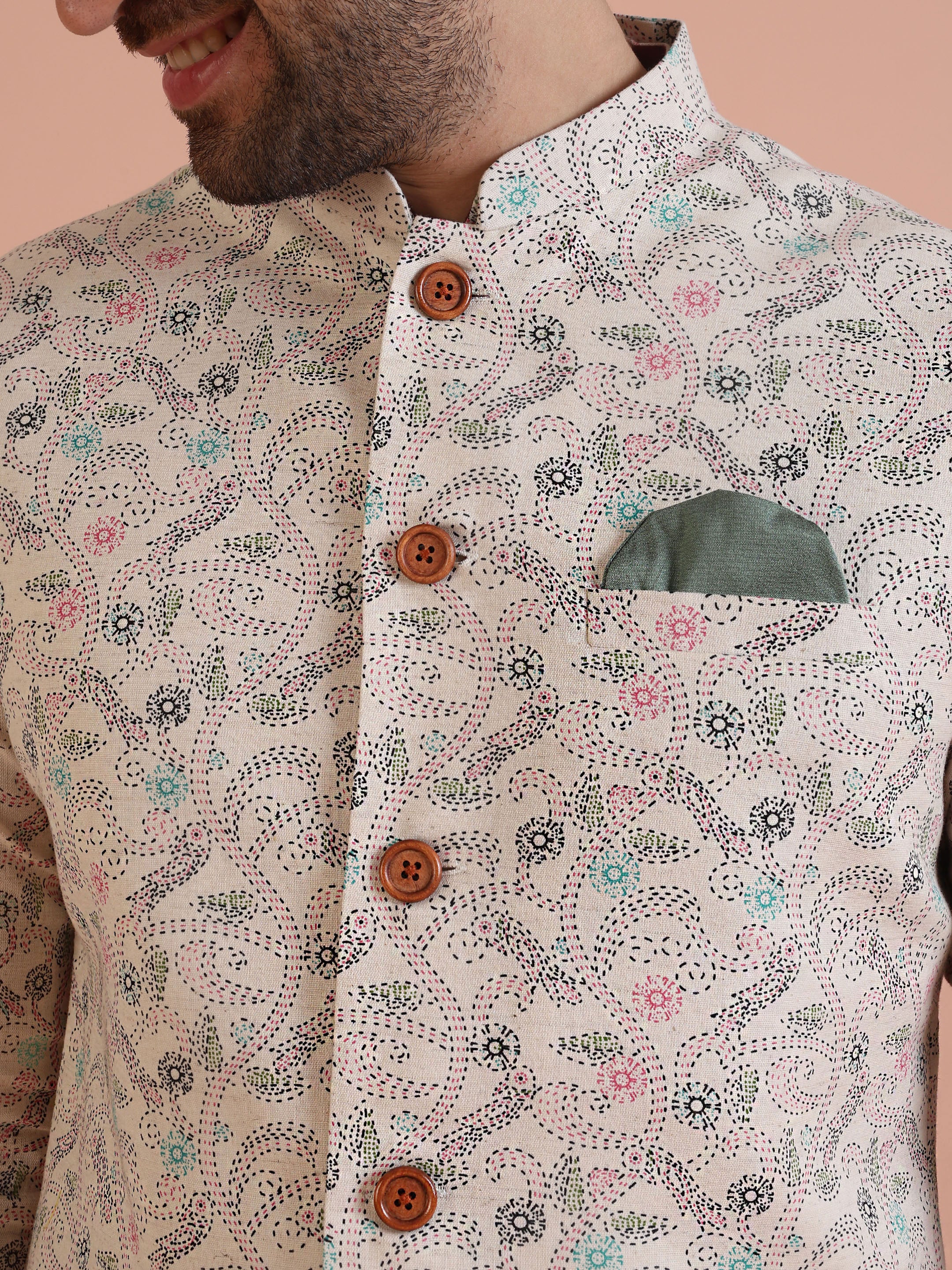 Multicolor Printed Nehru Jacket Kurta Churidar Set - Image 6