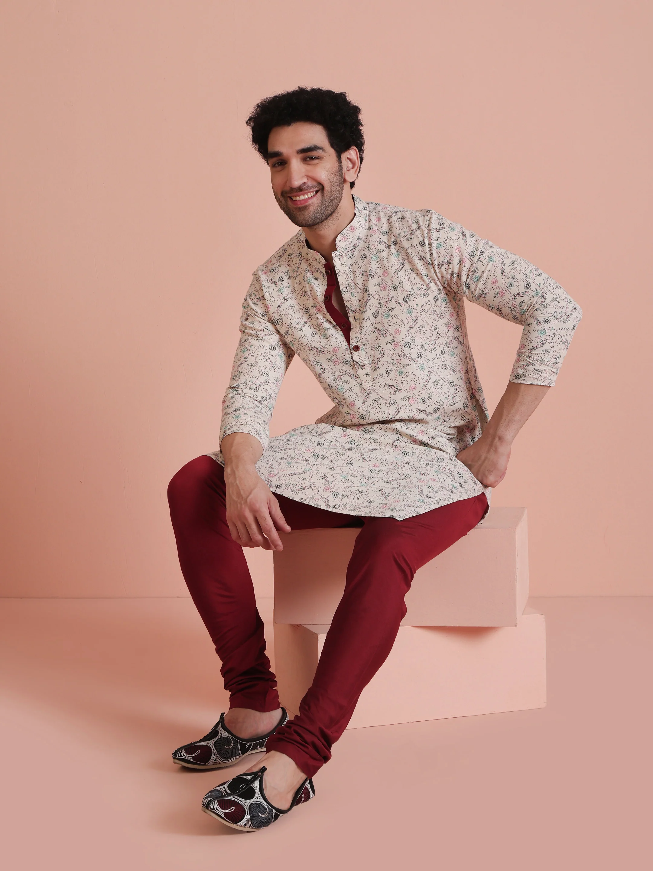 Beige Printed Cotton Kurta with Multicolor Kantha-Inspired Motifs for Festive Wear - Image 7