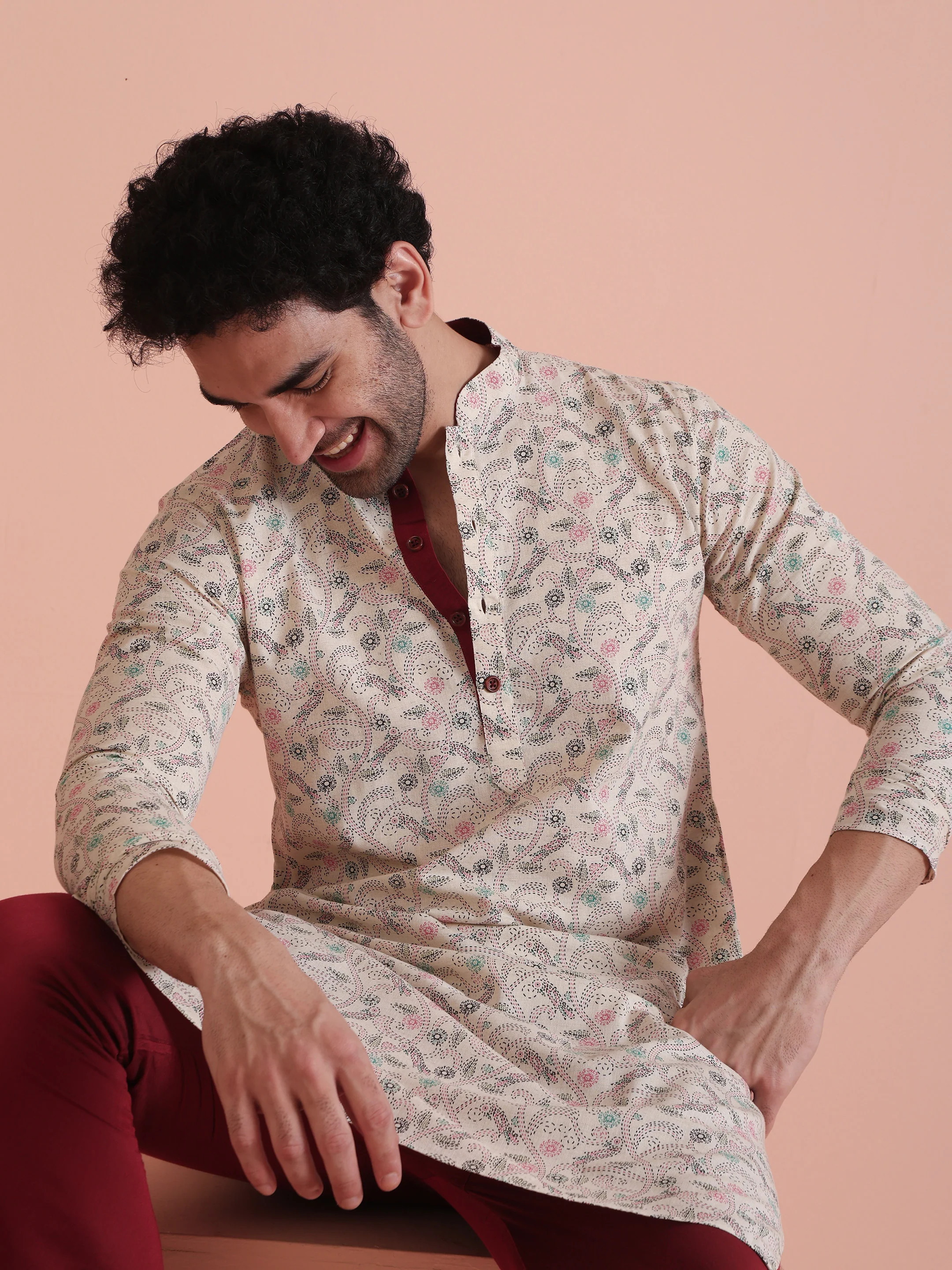 Beige Printed Cotton Kurta with Multicolor Kantha-Inspired Motifs for Festive Wear - Image 8